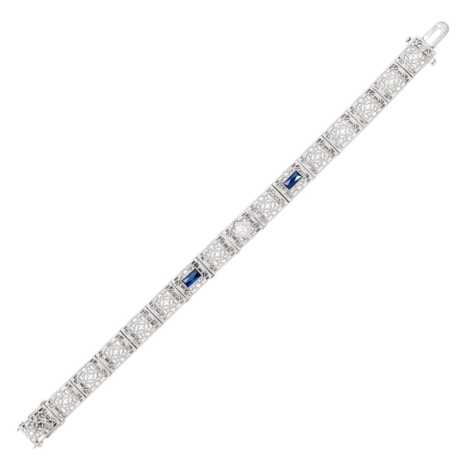 Art Deco Platinum Diamond and Sapphire Filigree Line Bracelet