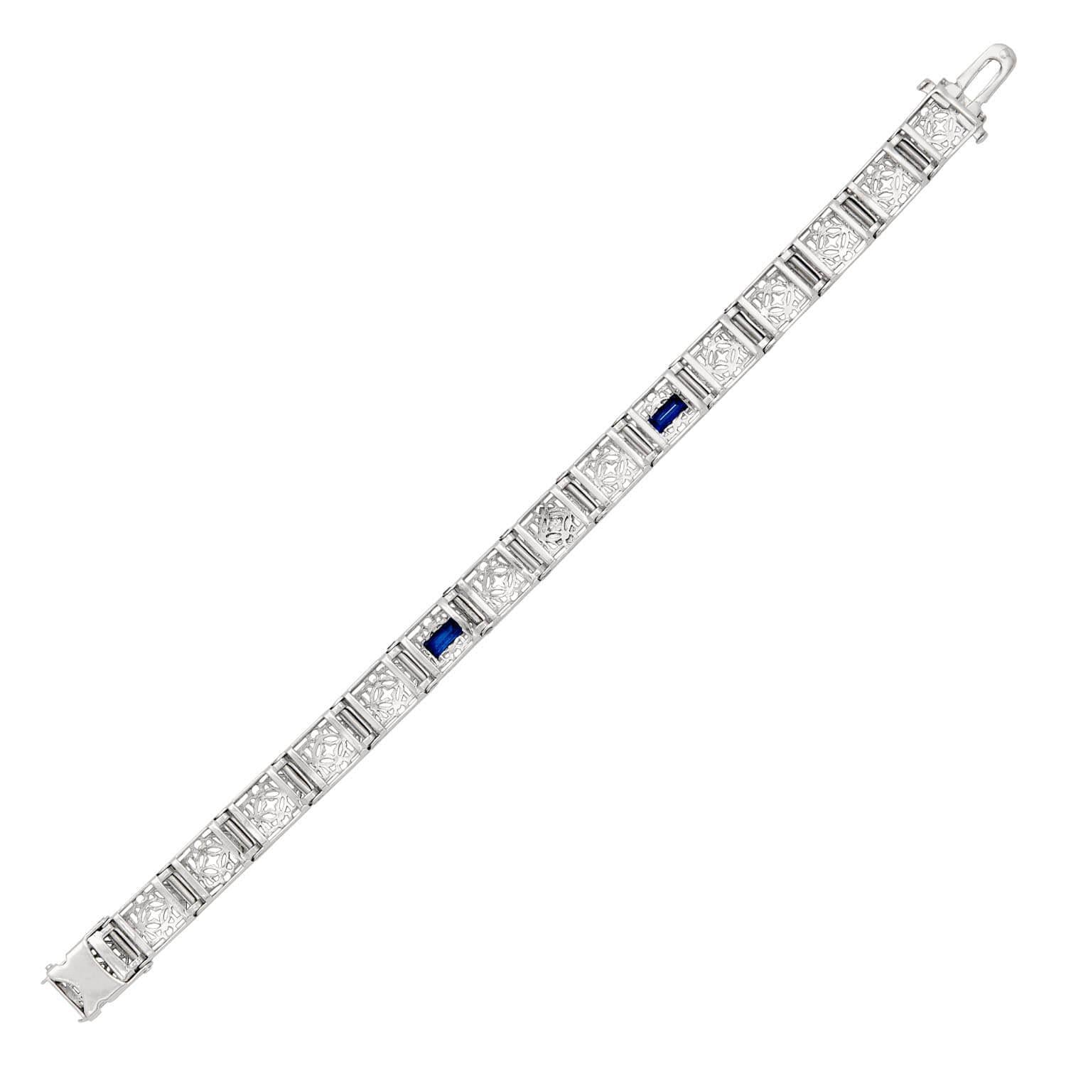 Art Deco Platinum Diamond and Sapphire Filigree Line Bracelet