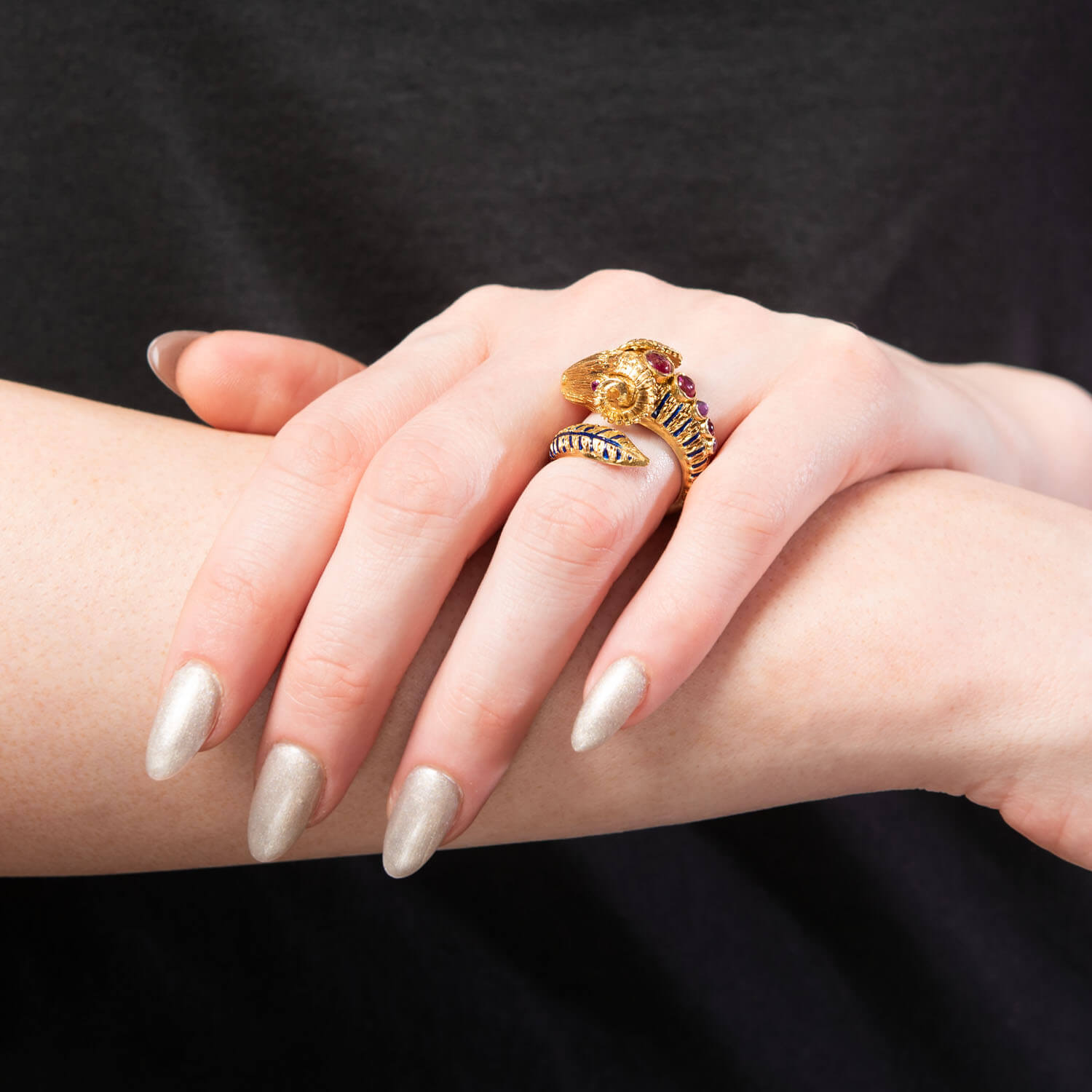 Estate Greek 18k Ruby and Enamel Ram's Head Ring