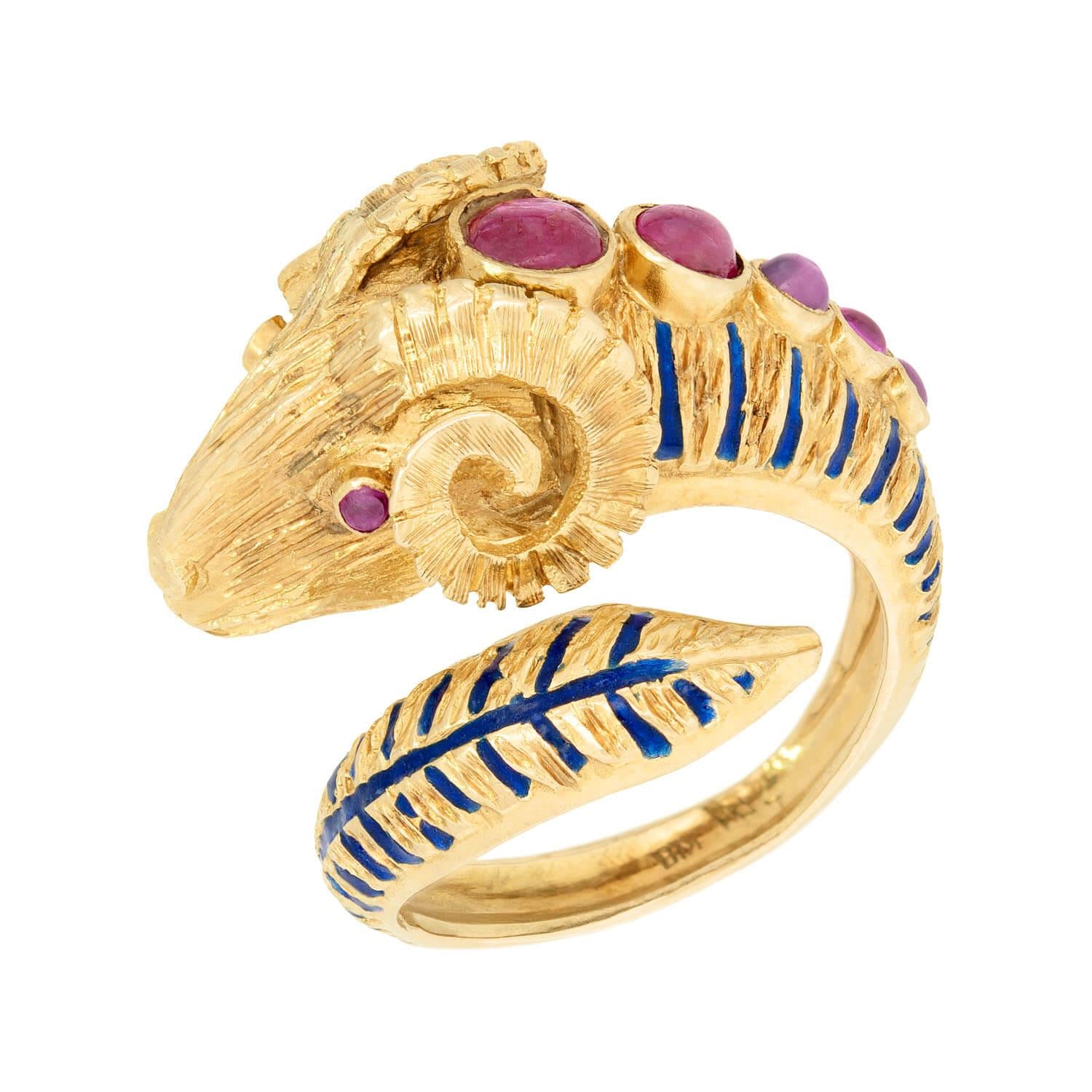 Estate Greek 18k Ruby and Enamel Ram's Head Ring