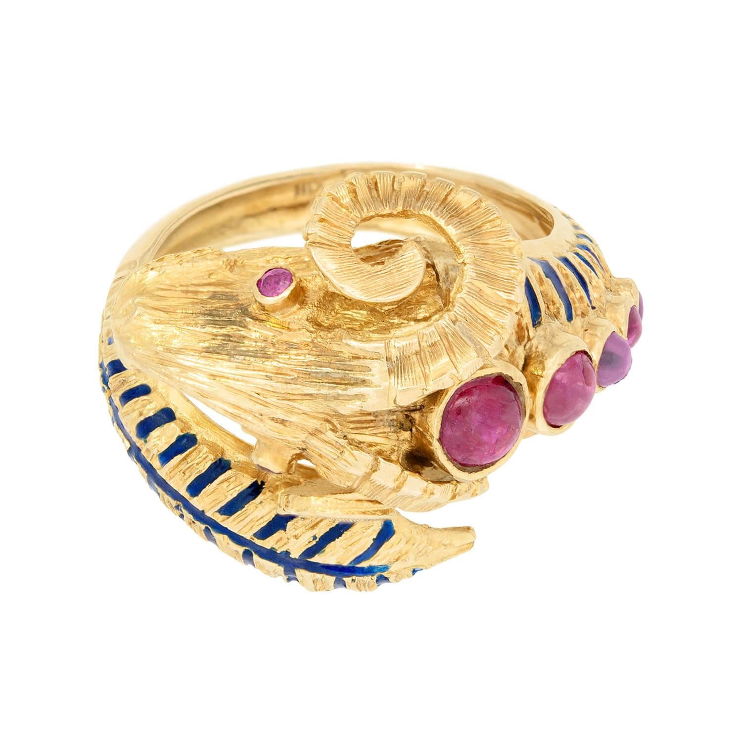 Estate Greek 18k Ruby and Enamel Ram's Head Ring