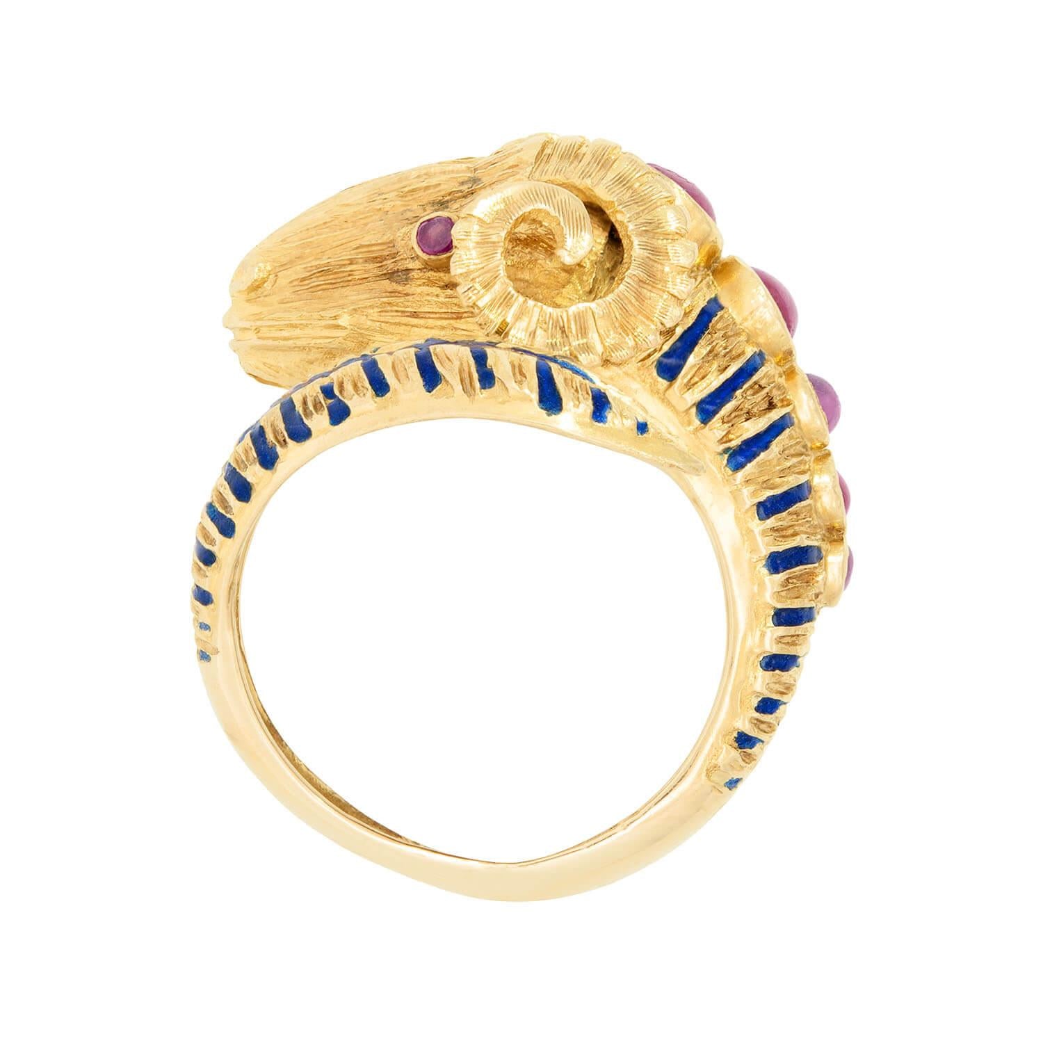 Estate Greek 18k Ruby and Enamel Ram's Head Ring