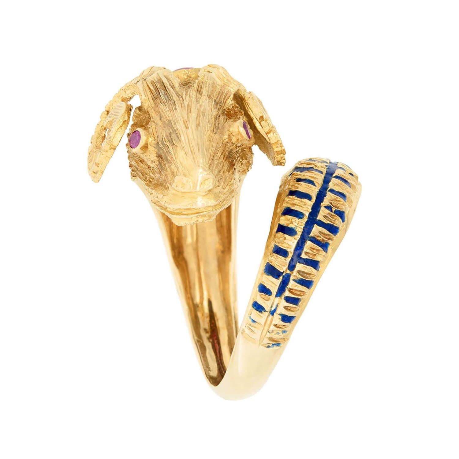 Estate Greek 18k Ruby and Enamel Ram's Head Ring