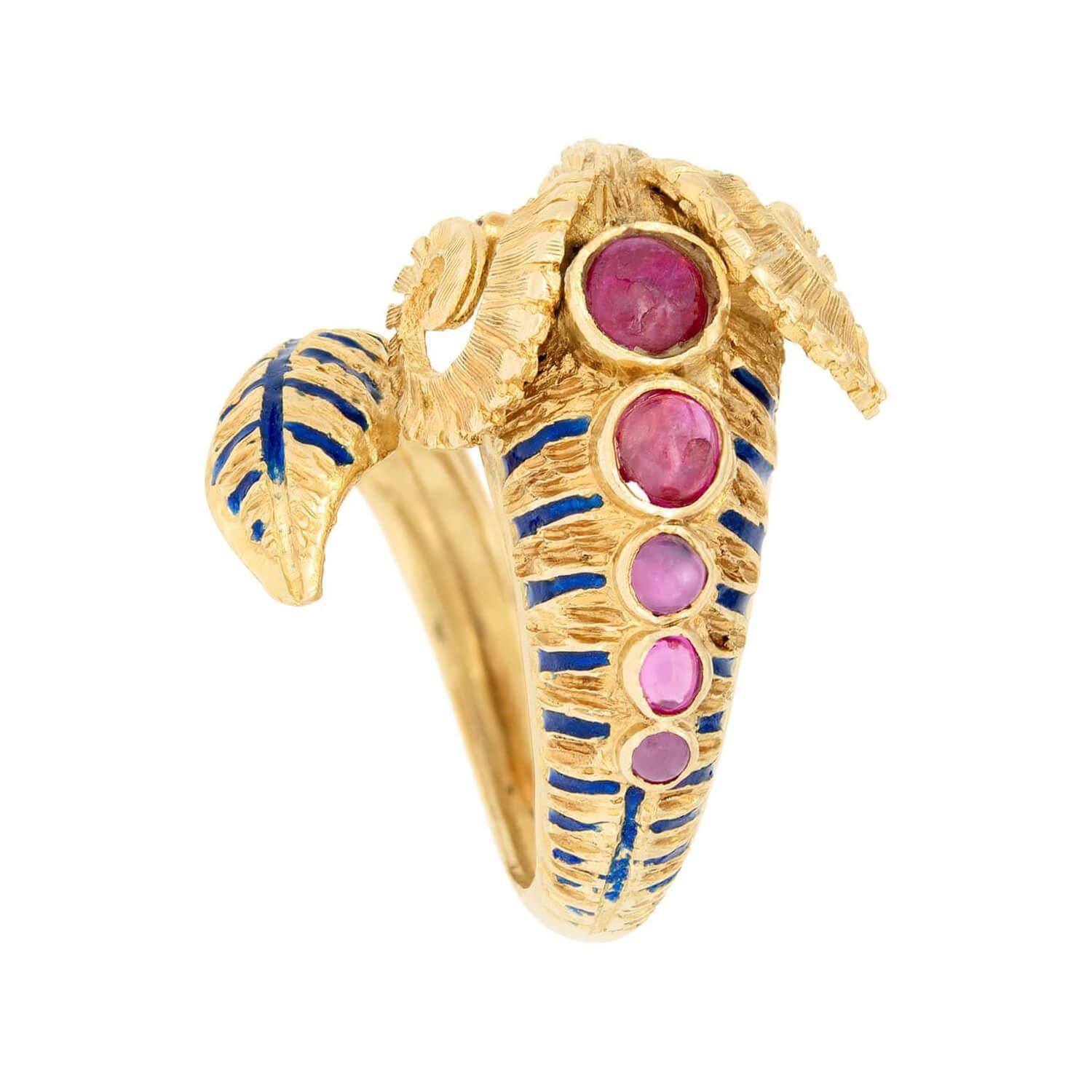 Estate Greek 18k Ruby and Enamel Ram's Head Ring