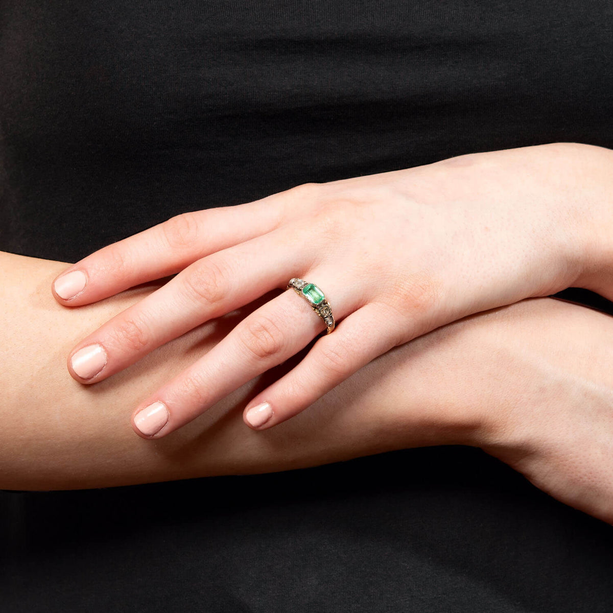 Georgian 18k/Sterling Silver Emerald and Rose Cut Diamond Engagement Ring