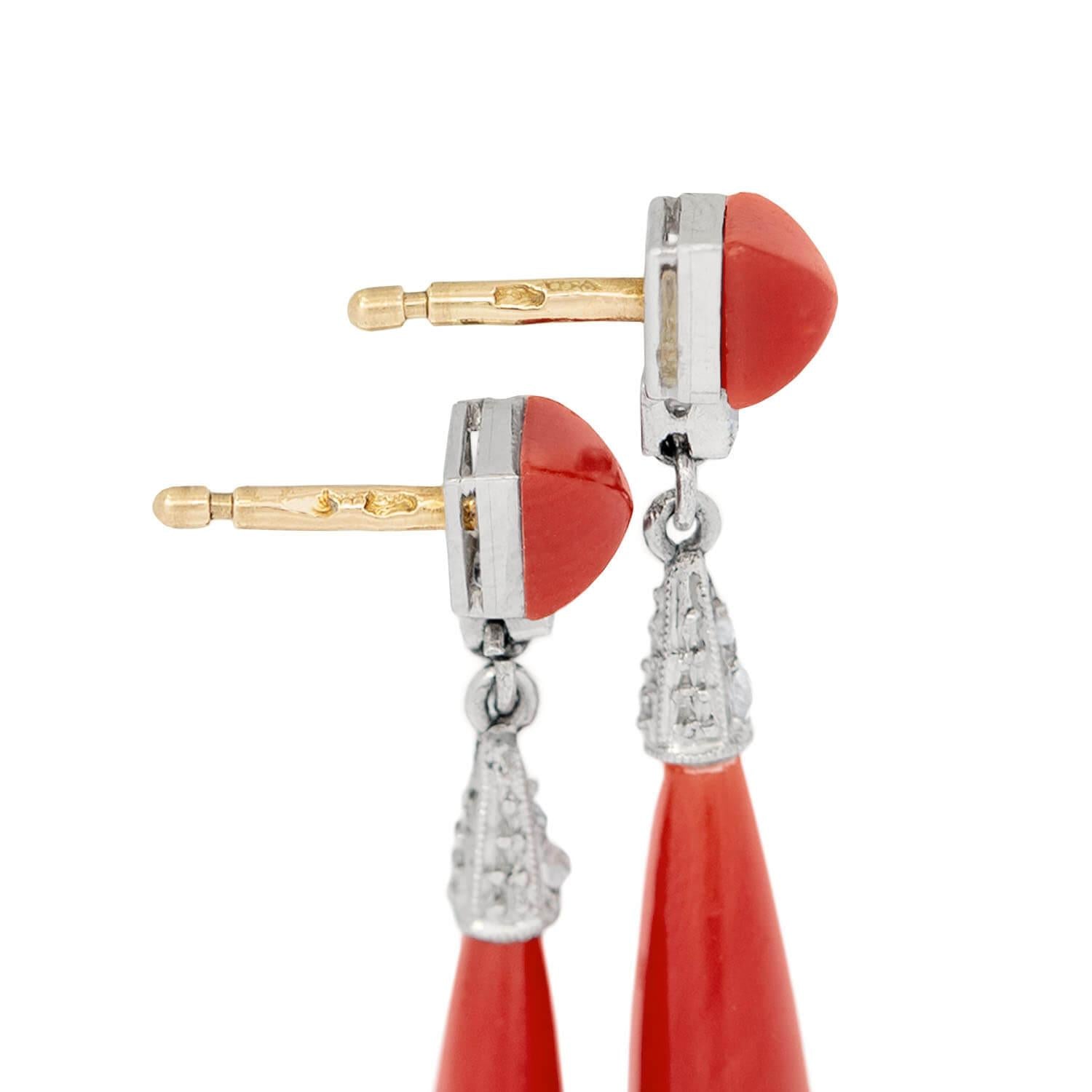 Art Deco Platinum and 18k Oxblood Coral and Diamond Drop Earring