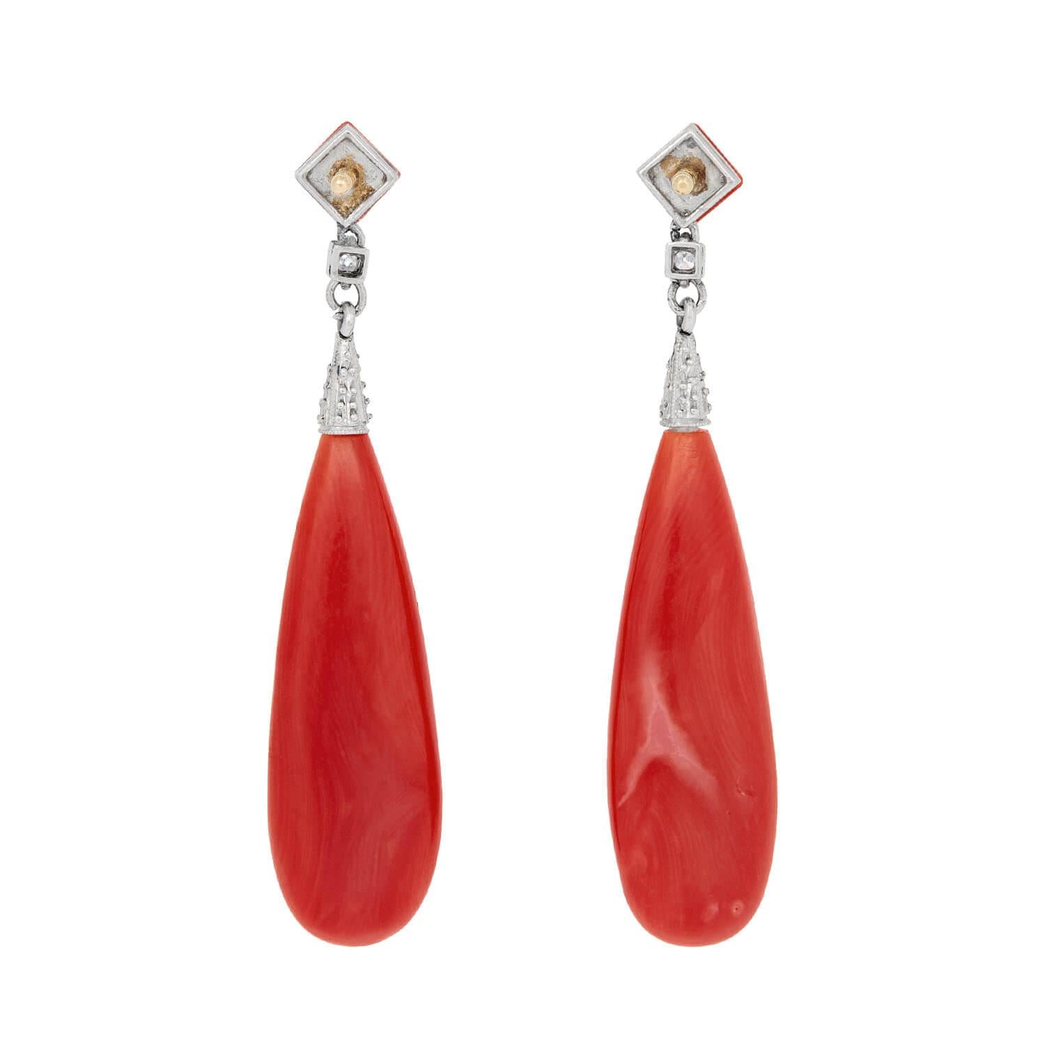 Art Deco Platinum and 18k Oxblood Coral and Diamond Drop Earring