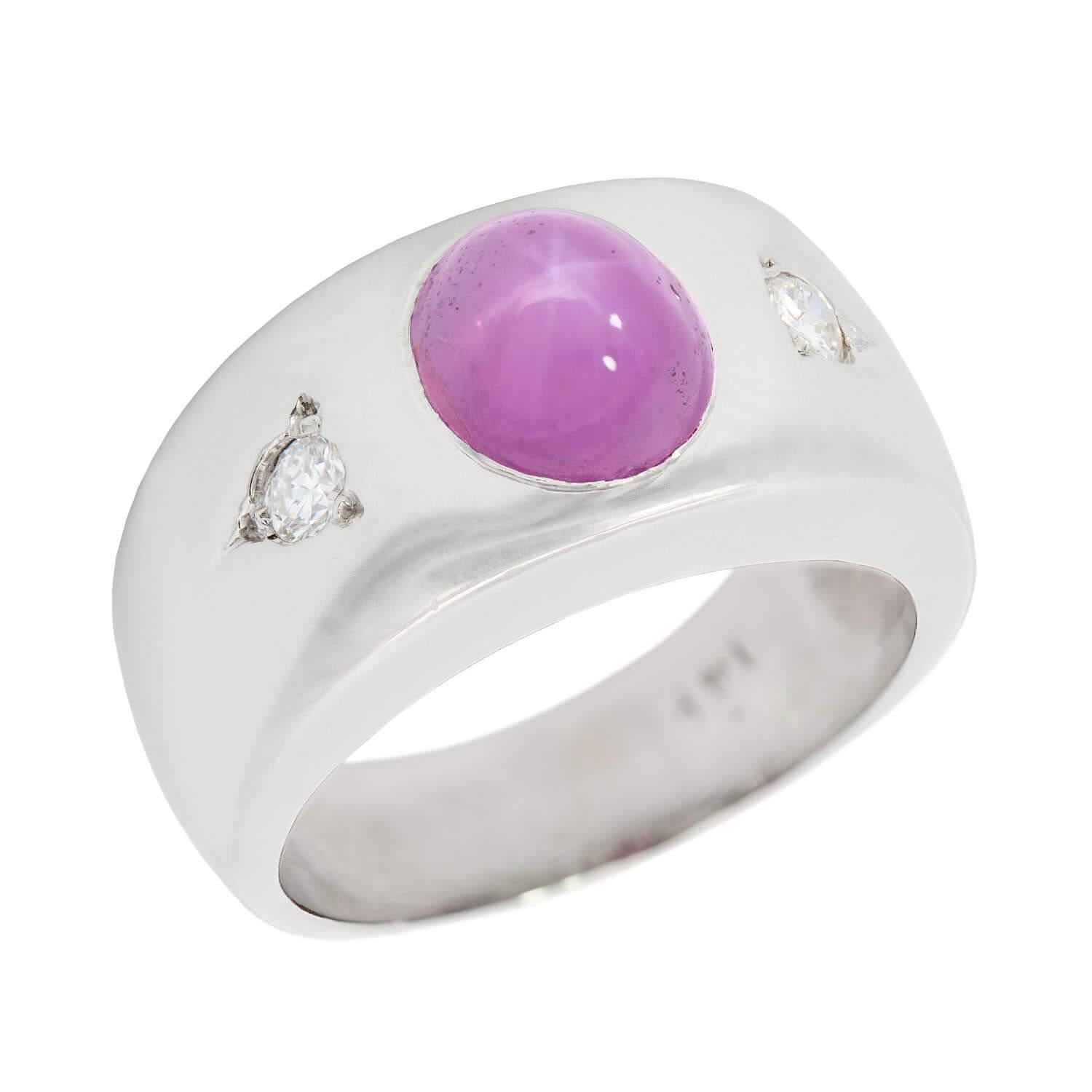 Estate 14k White Gold Pink Star Sapphire and Diamond Flush Mount Ring