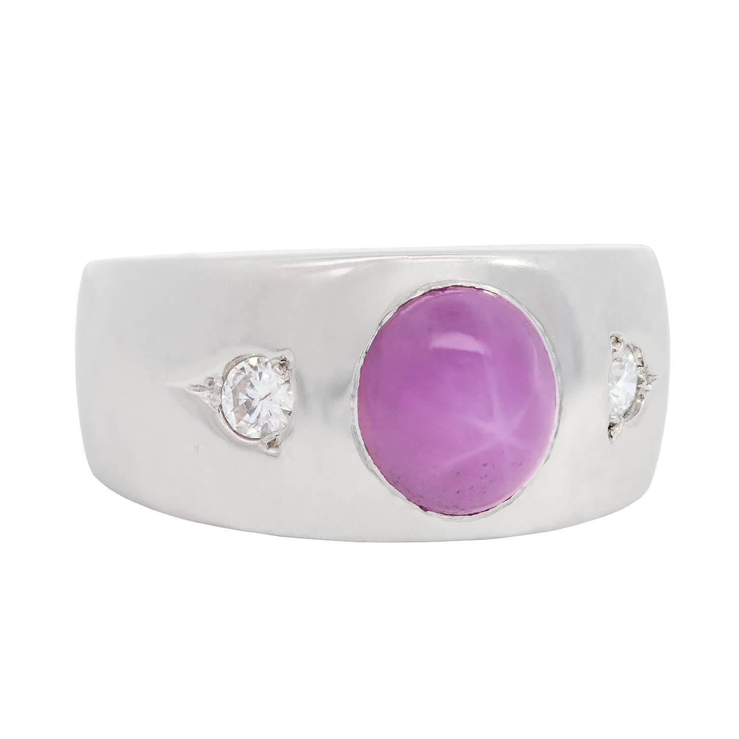 Estate 14k White Gold Pink Star Sapphire and Diamond Flush Mount Ring