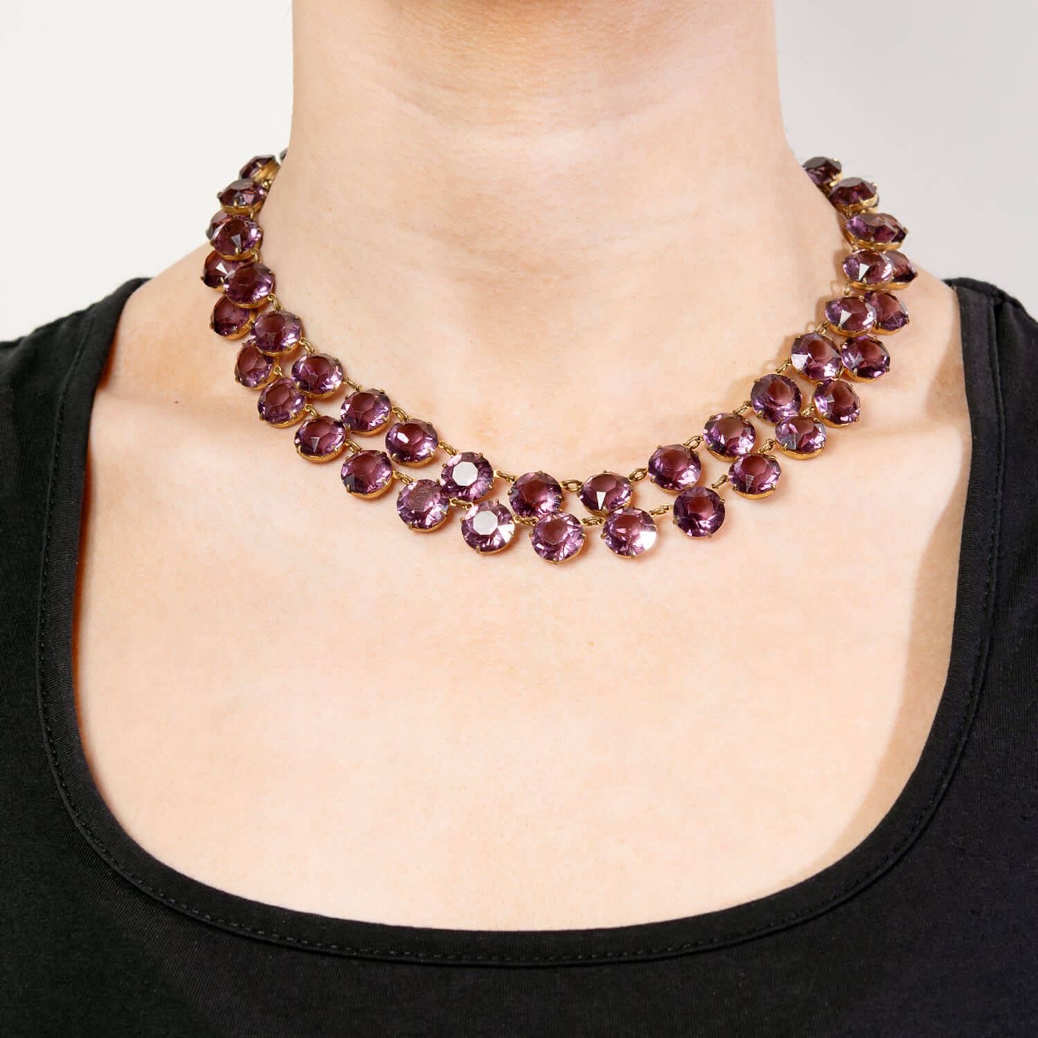 Retro Brass Purple Glass Double Strand Necklace