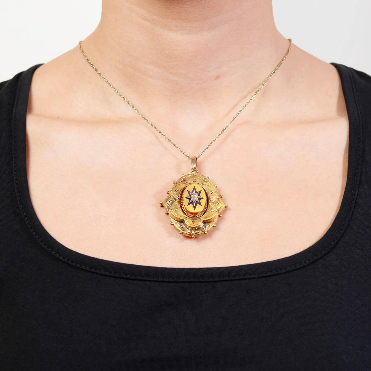 Victorian 15k Diamond Enameled Etruscan Plaque Locket Pendant