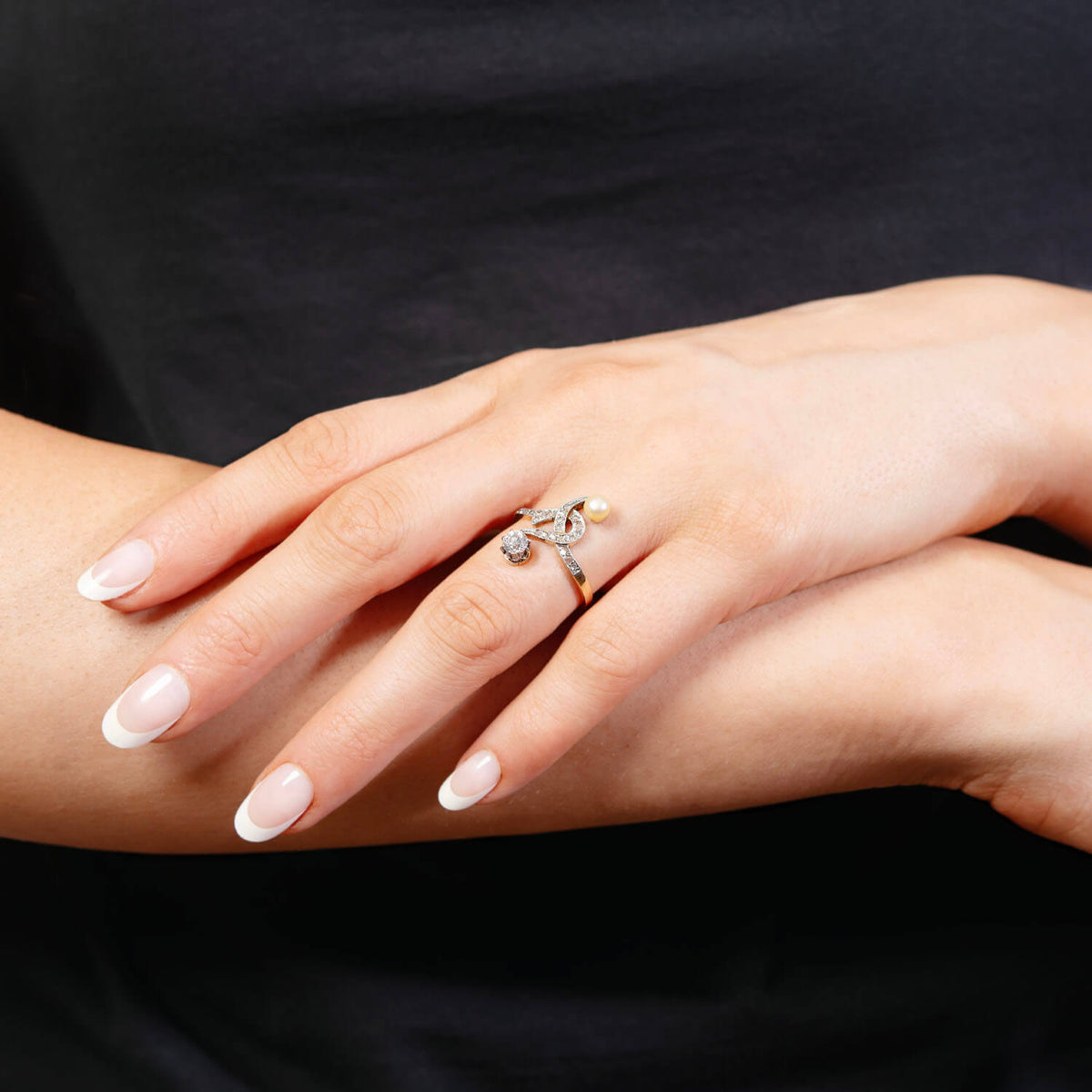 Art Nouveau 14k/Platinum Pearl and Diamond Moi Et Toi Ring