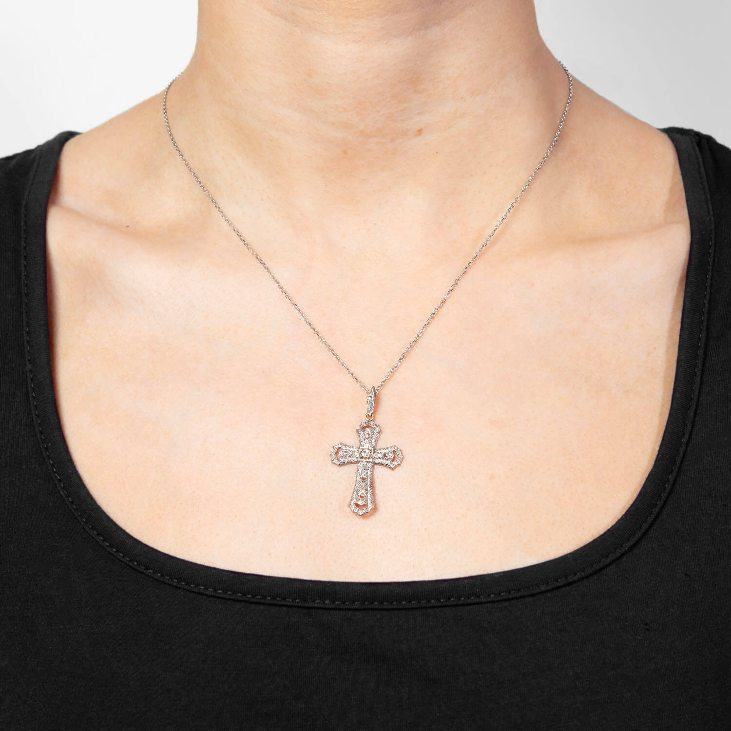 Edwardian 14k and Diamond Cross Pendant Necklace