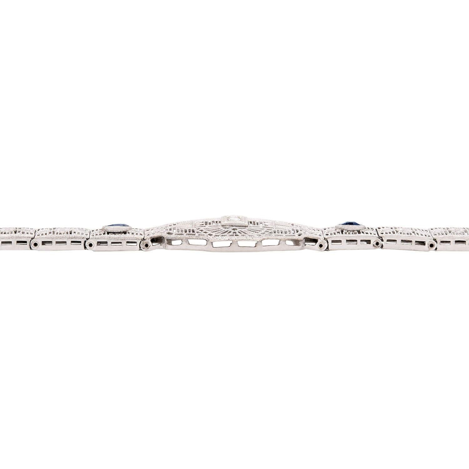 Art Deco 14k White Gold Diamond and Sapphire Filigree Belly Line Bracelet