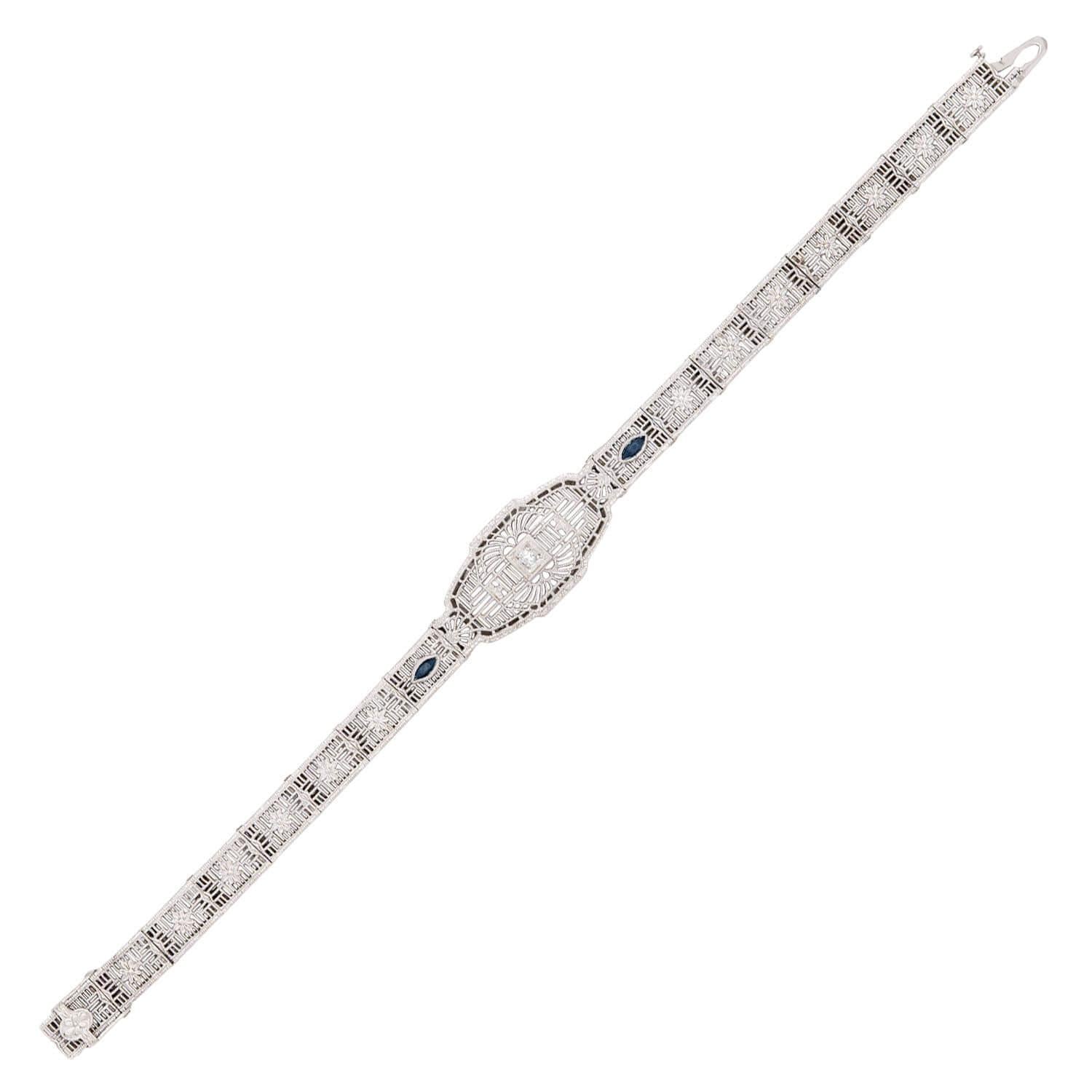 Art Deco 14k White Gold Diamond and Sapphire Filigree Belly Line Bracelet