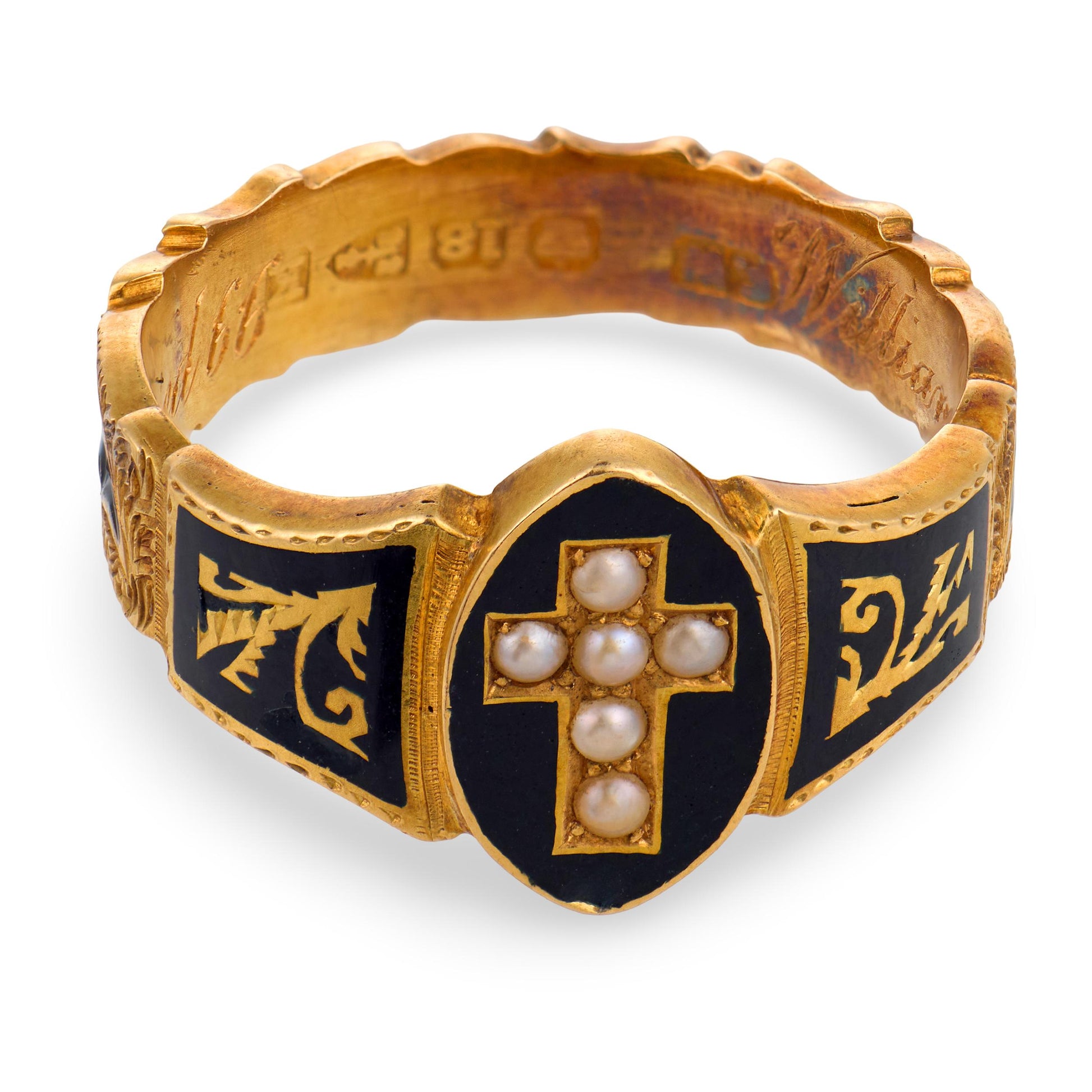 Victorian English 18k Pearl & Enamel Mourning Ring