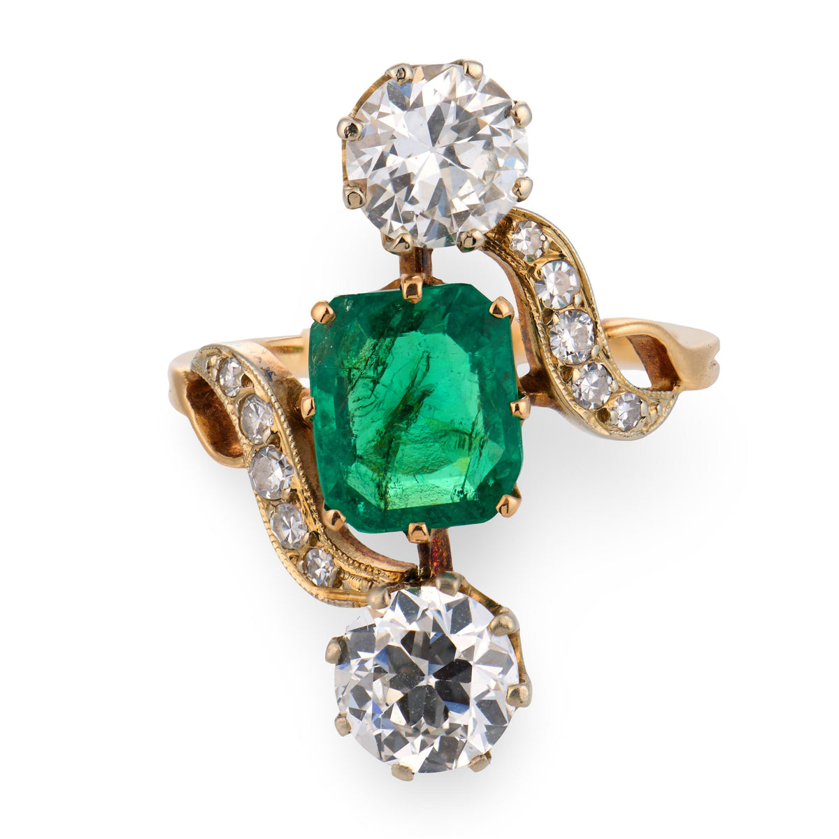 Art Nouveau French 18k/Platinum Emerald & Diamond Navette Ring