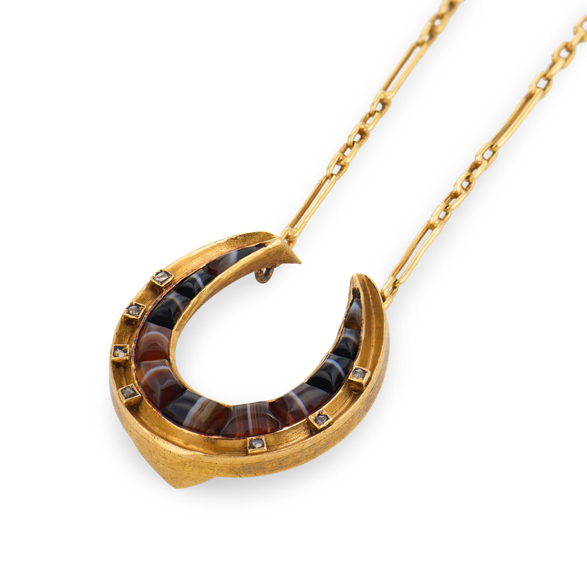 Victorian 18k/14k Agate & Diamond Horseshoe Pendant Necklace
