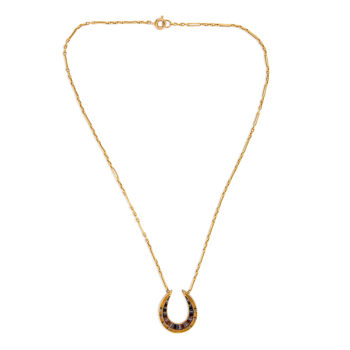 Victorian 18k/14k Agate & Diamond Horseshoe Pendant Necklace