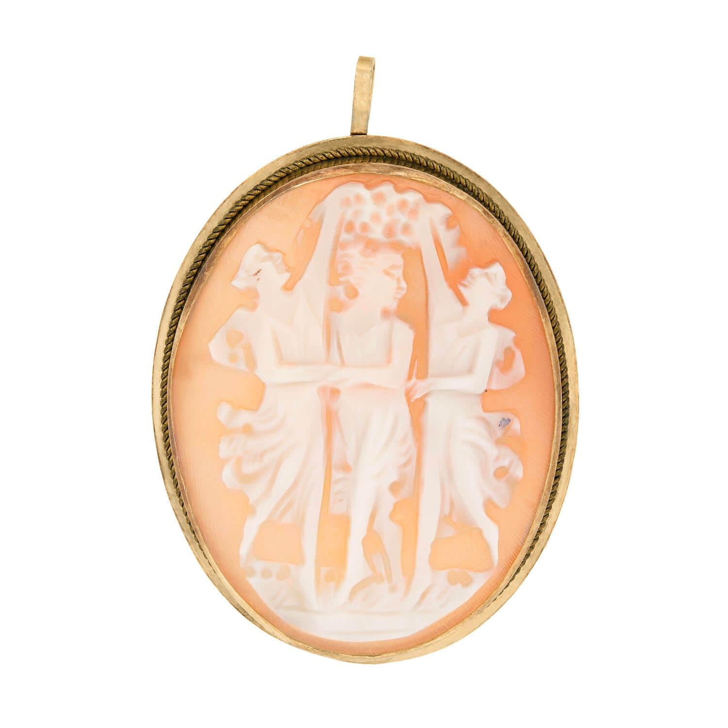 Late Victorian 14k Shell Cameo Three Grace Pin/Pendant