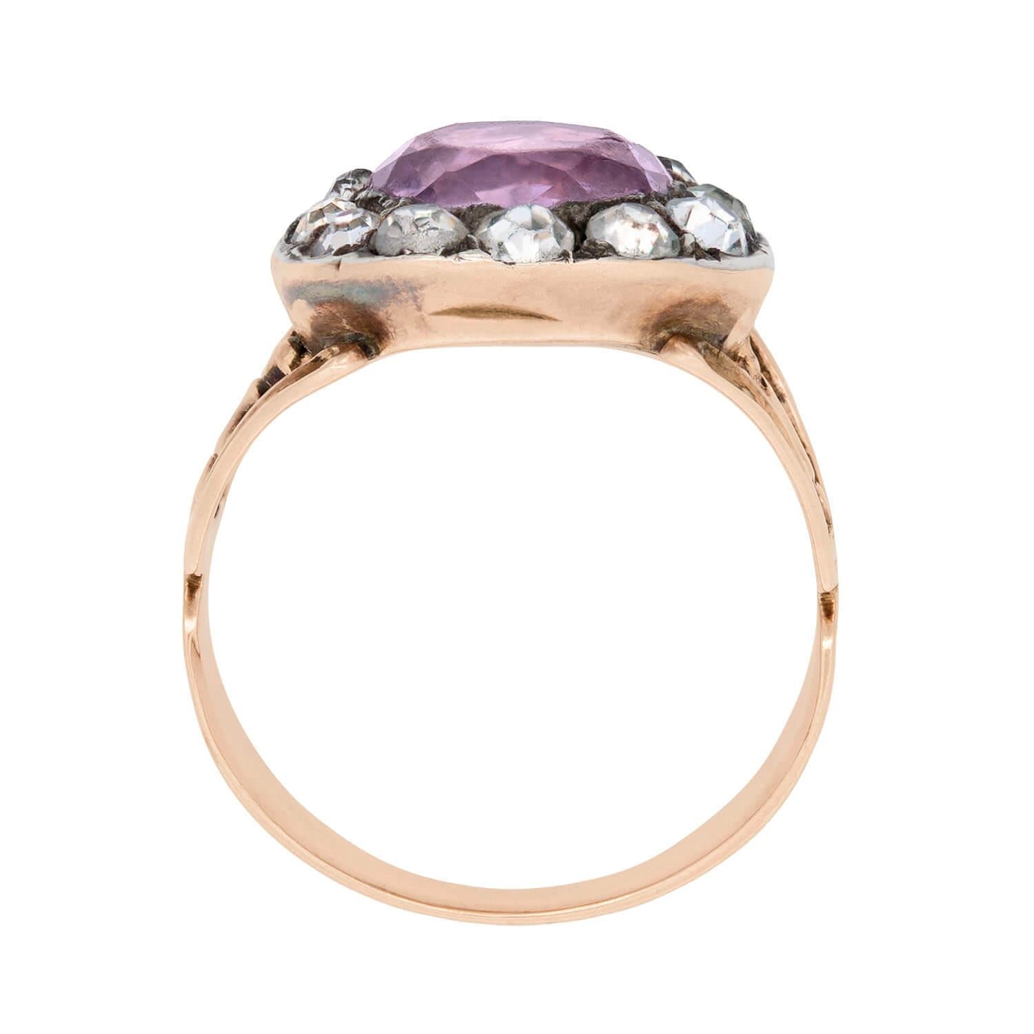 Georgian 12k Pink Amethyst and White Paste Halo Ring