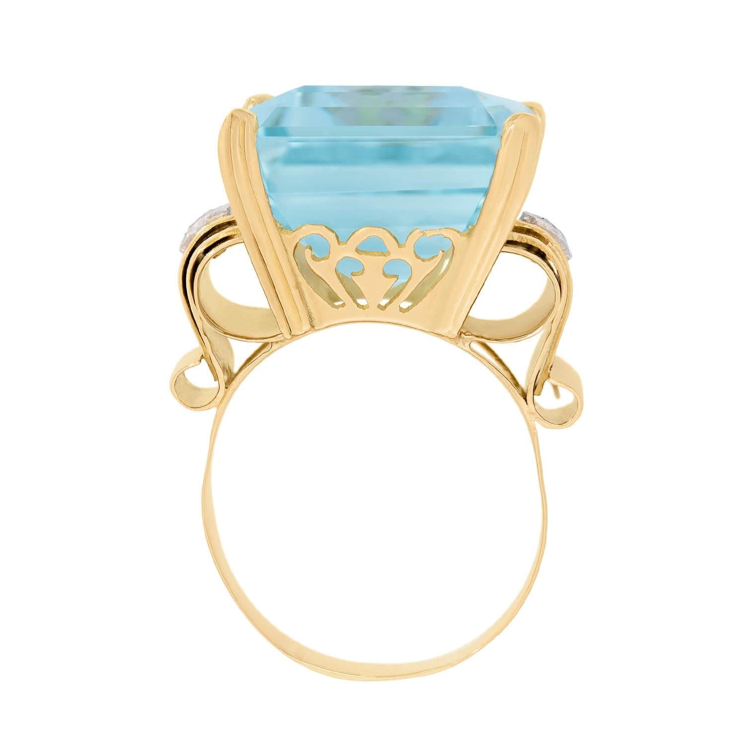 Retro 16k Rose Gold GIA Aquamarine and Diamond Cocktail Ring 30.05ct