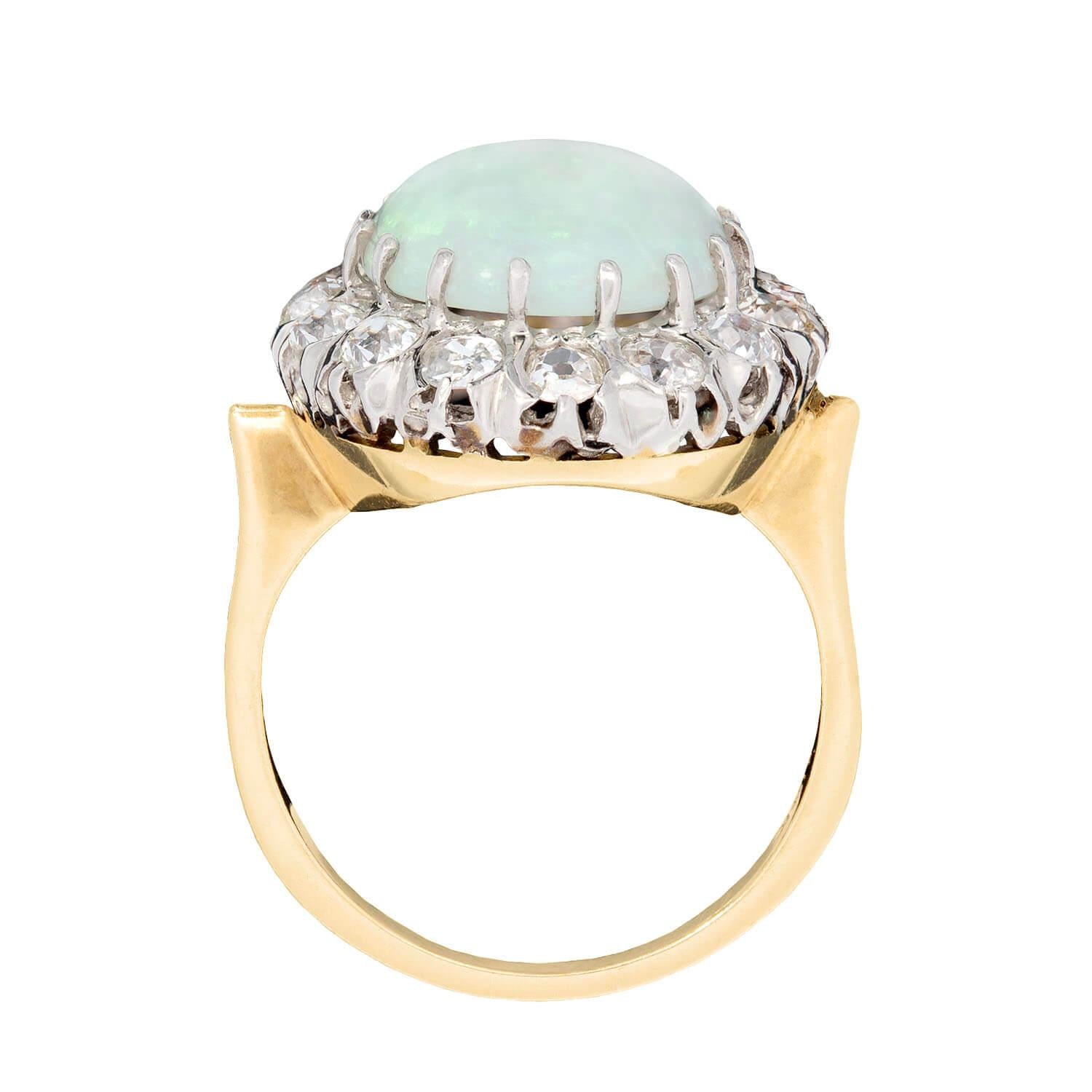 Late Victorian 14k Australian Crystal Opal and Diamond Halo Ring