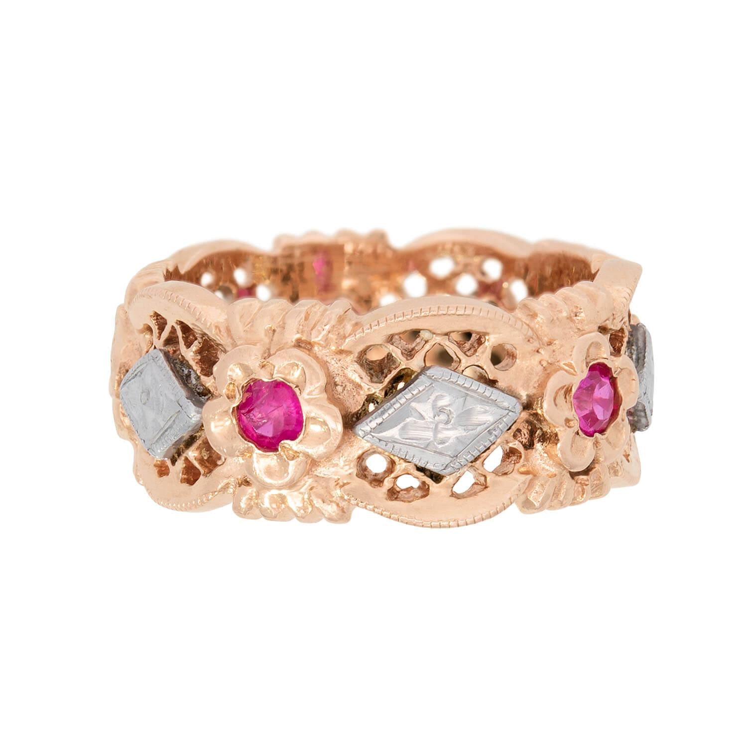 Retro 14k Mixed Metal Ruby Floral Motif Band