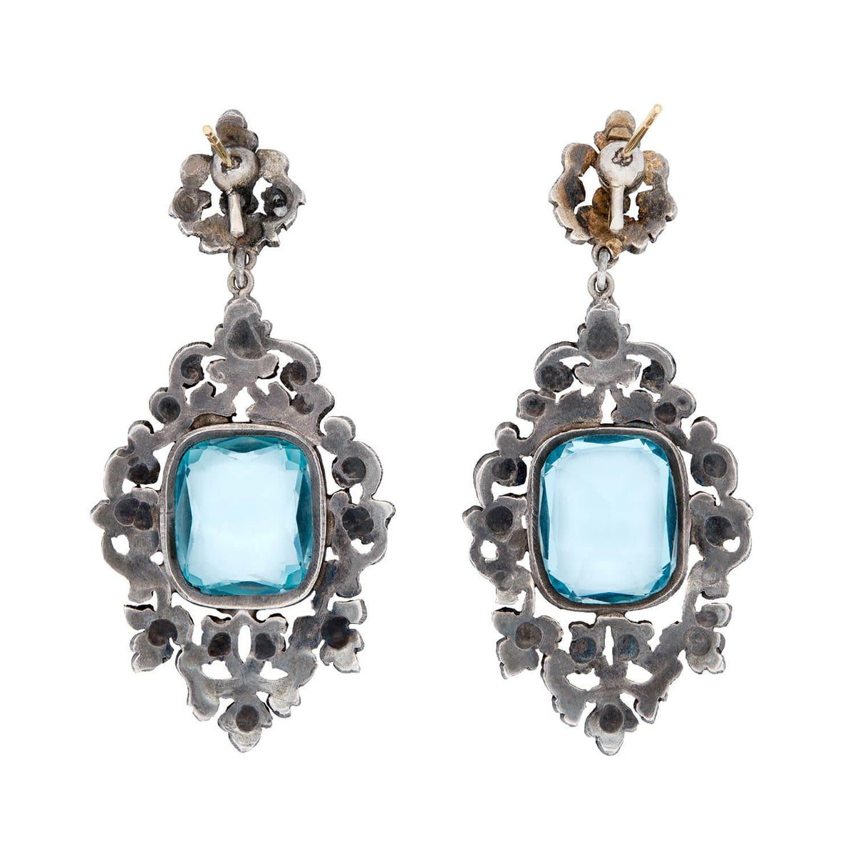 Victorian Sterling Silver/14k Diamond and Paste Dangle Earrings