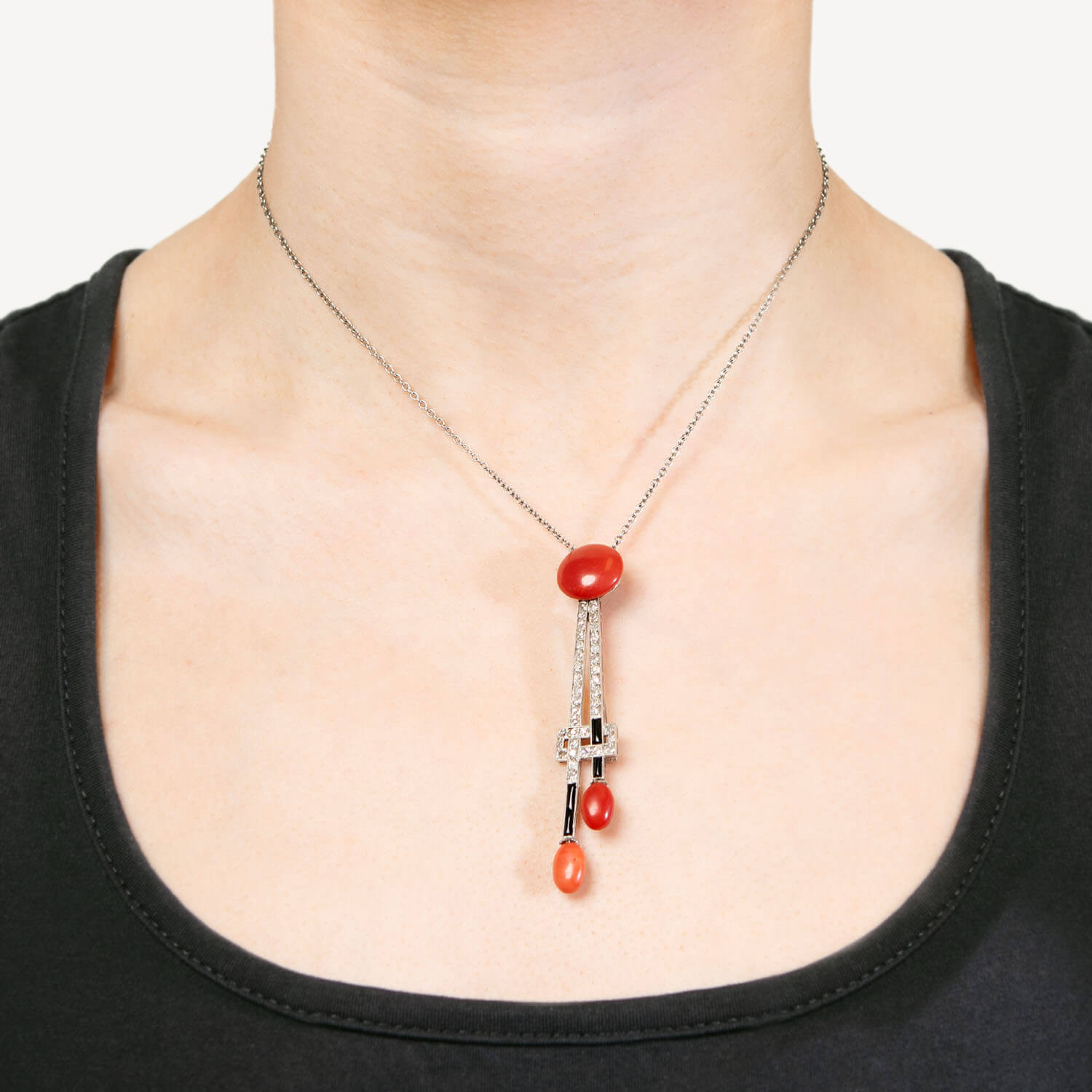 Art Deco Platinum Coral, Onyx and Diamond Pin/Pendant