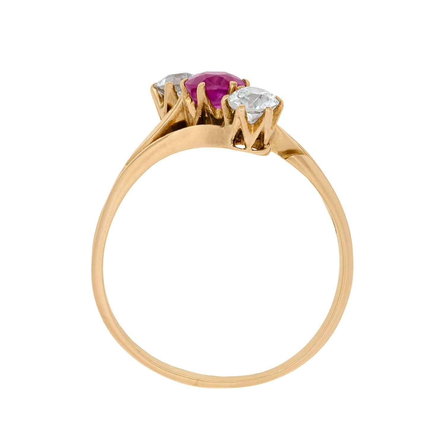 Victorian 18k Ruby and Diamond Three Stone Ring