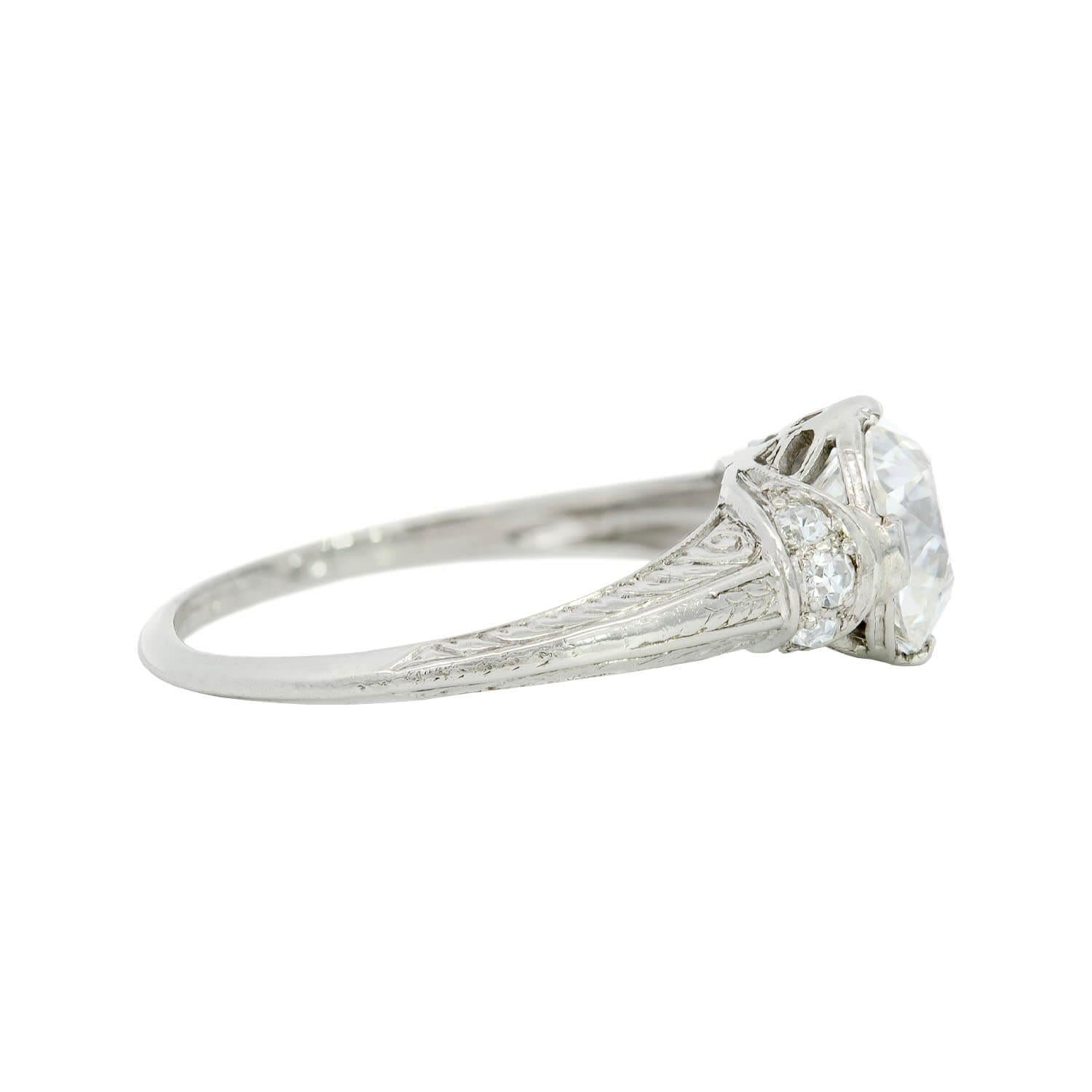 Art Deco Platinum GIA Diamond Etched Engagement Ring 1.52ct