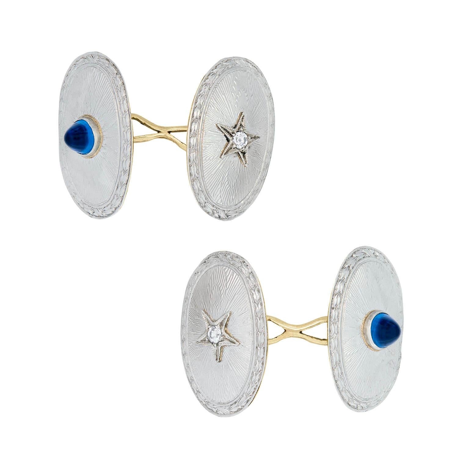 Edwardian 14k/Platinum Diamond and Sapphire Cabochon Cufflinks