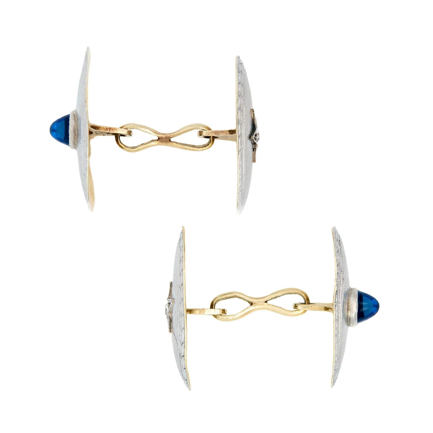 Edwardian 14k/Platinum Diamond and Sapphire Cabochon Cufflinks