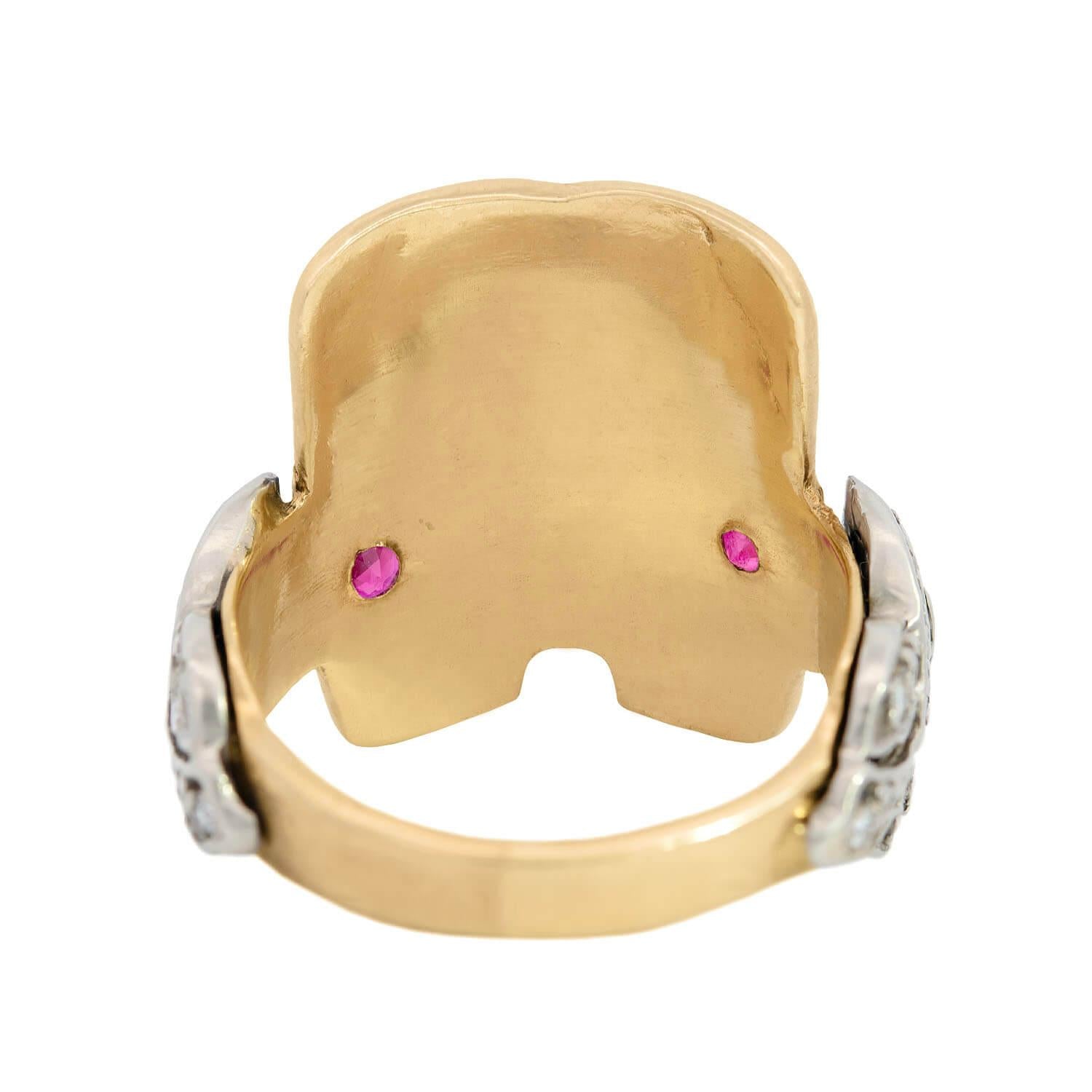 Retro 14k Mixed Metal Ruby and Diamond Saddle Ring