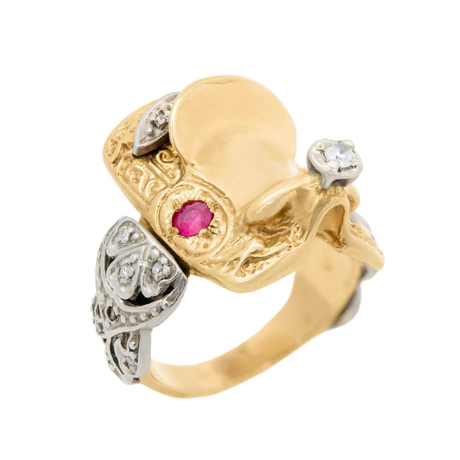 Retro 14k Mixed Metal Ruby and Diamond Saddle Ring