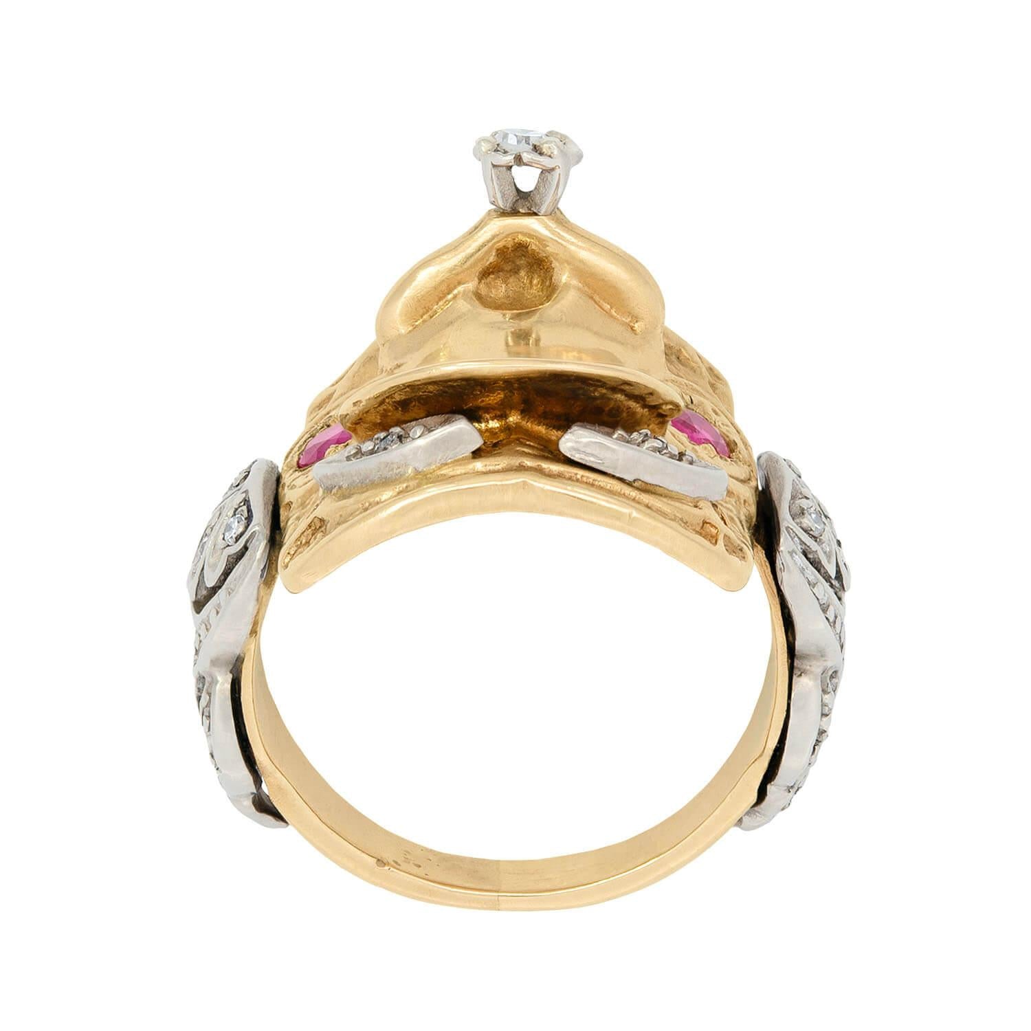 Retro 14k Mixed Metal Ruby and Diamond Saddle Ring