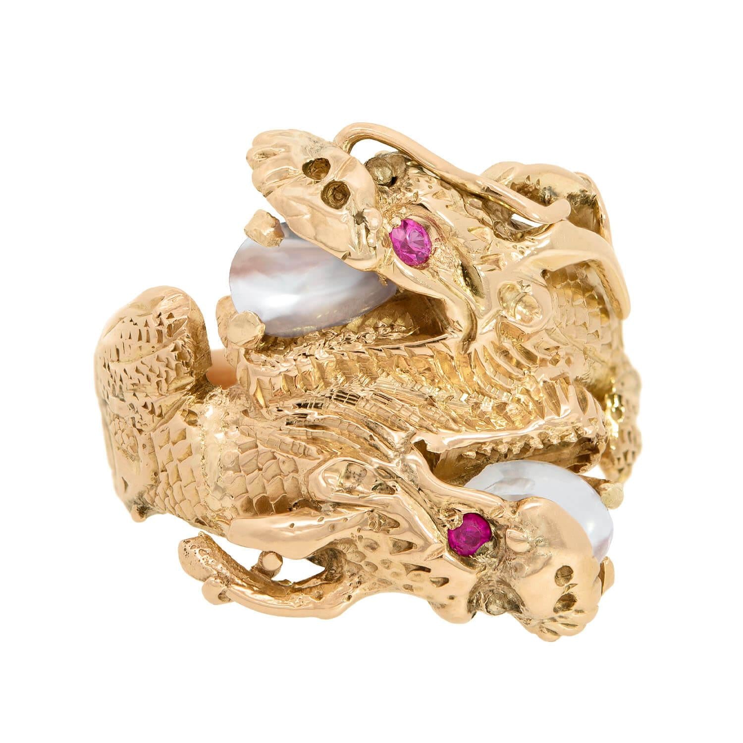 Edwardian 14k Ruby and Moonstone Dragon Ring