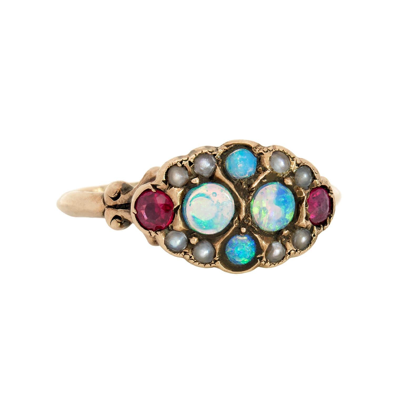 Victorian 14k Opal, Ruby, and Pearl Ring