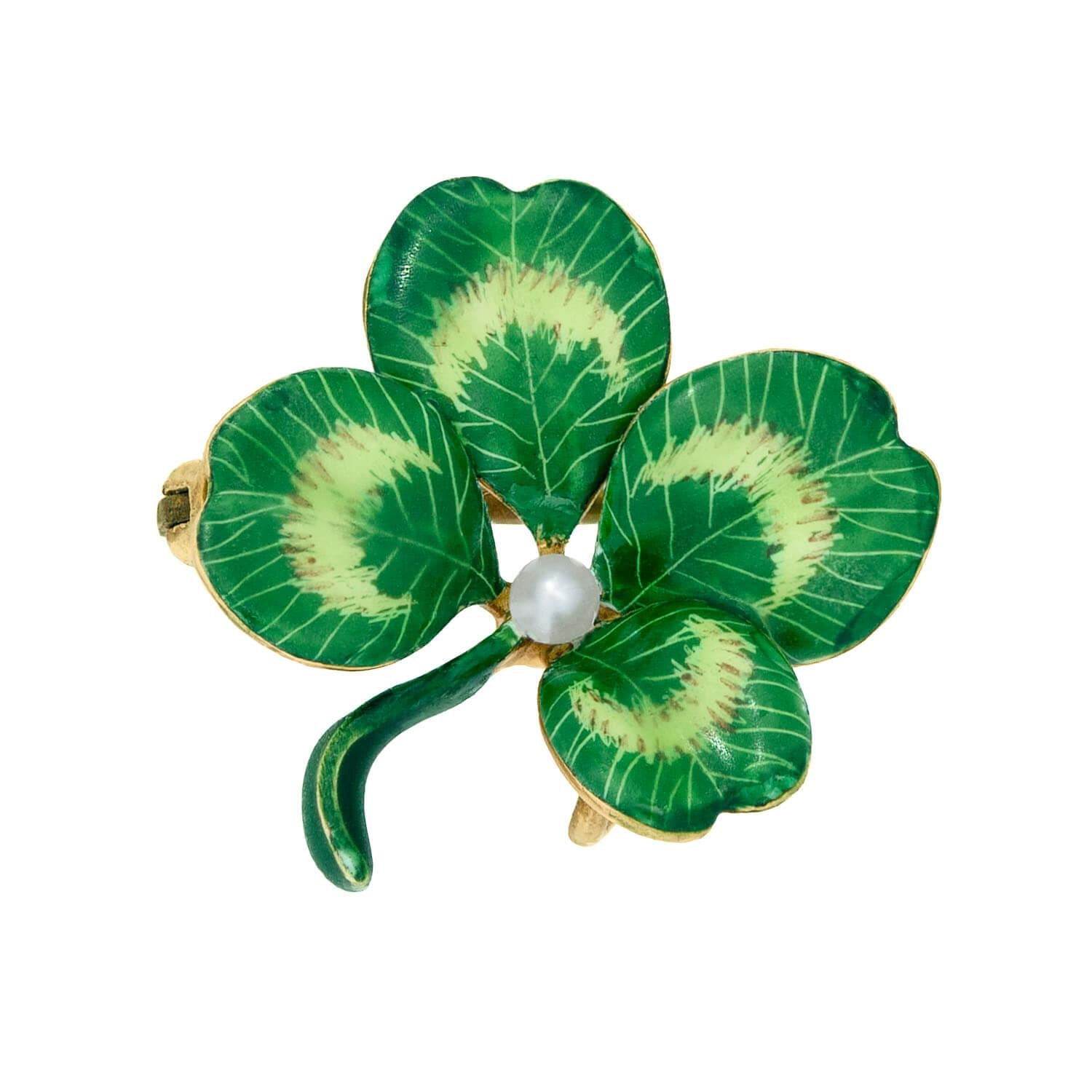 Art Deco 14k Pearl Enameled Four Leaf Clover Pin