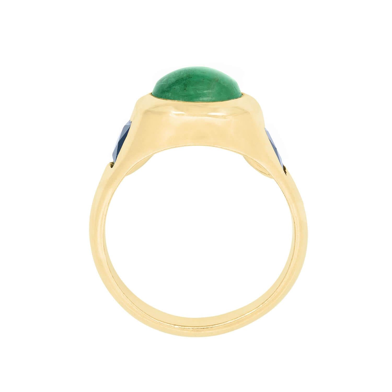 Estate 14k Sapphire and Emerald Cabochon Flush Mount Ring