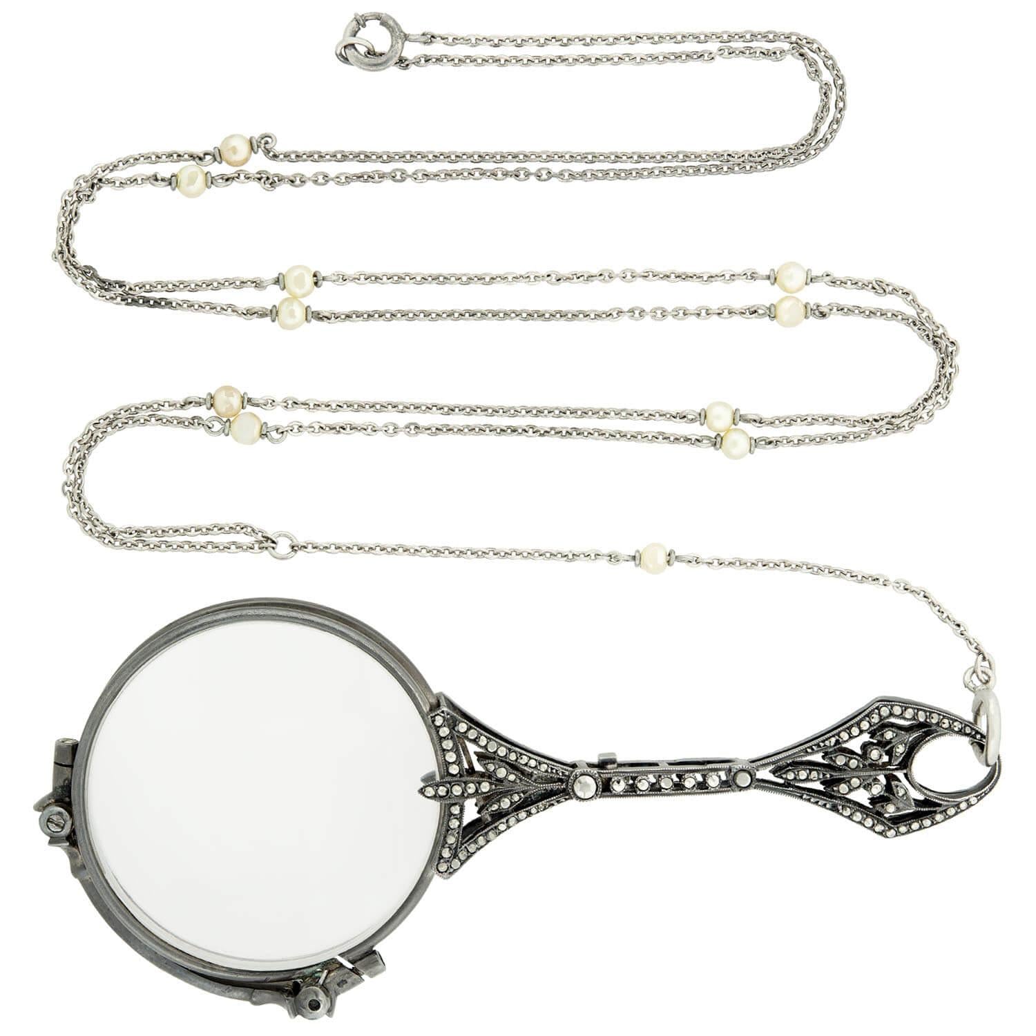 Art Deco Sterling Silver and Marcasite Lorgnette Folding Glasses