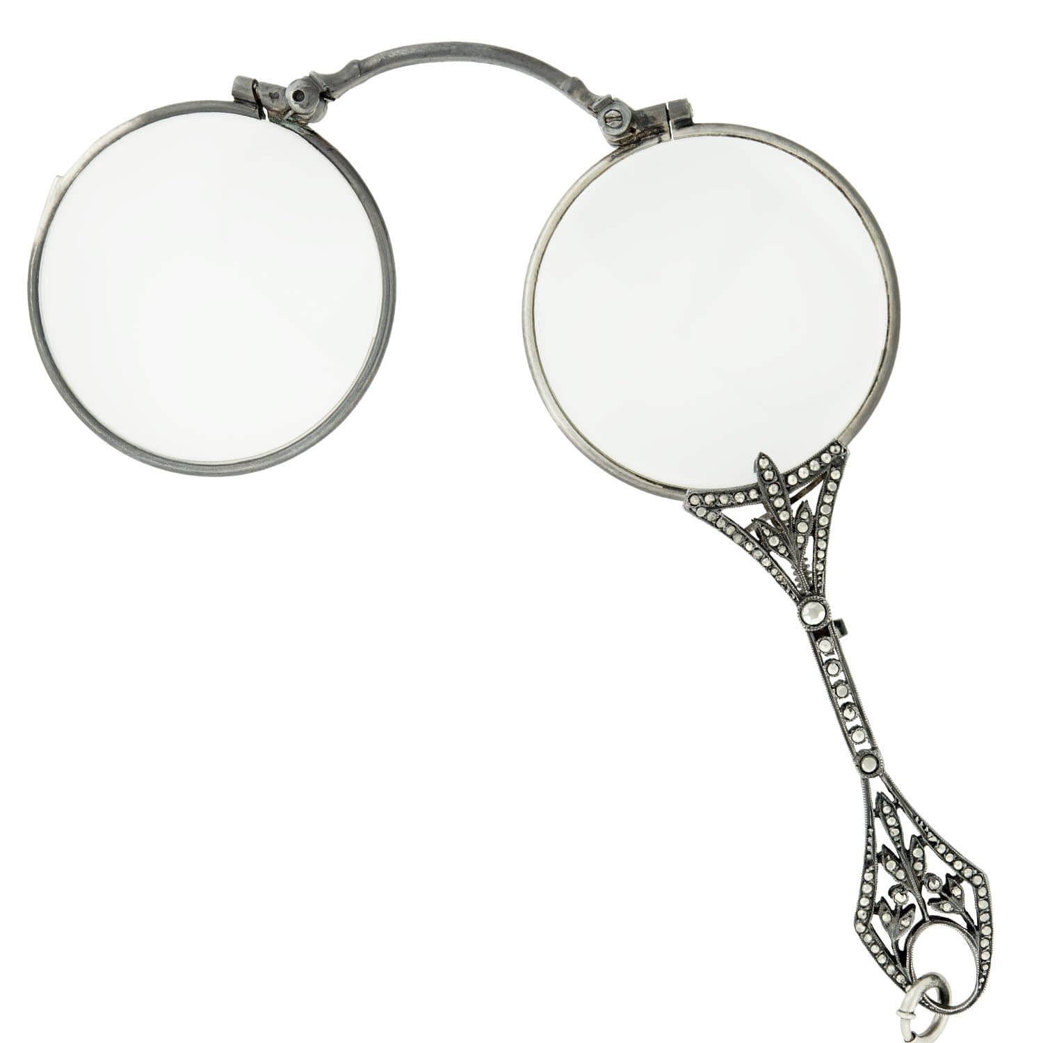 Art Deco Sterling Silver and Marcasite Lorgnette Folding Glasses