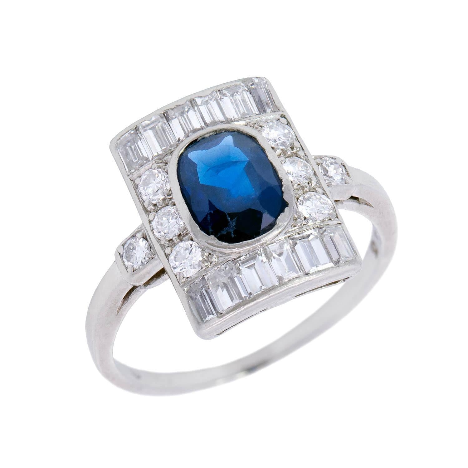 Art Deco Platinum Sapphire and Diamond Engagement Ring