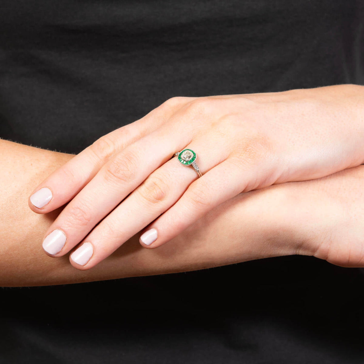 Estate Platinum Diamond and Emerald Engagement Ring