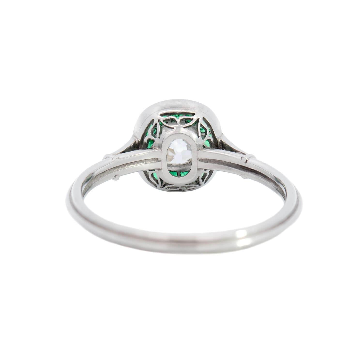 Estate Platinum Diamond and Emerald Engagement Ring