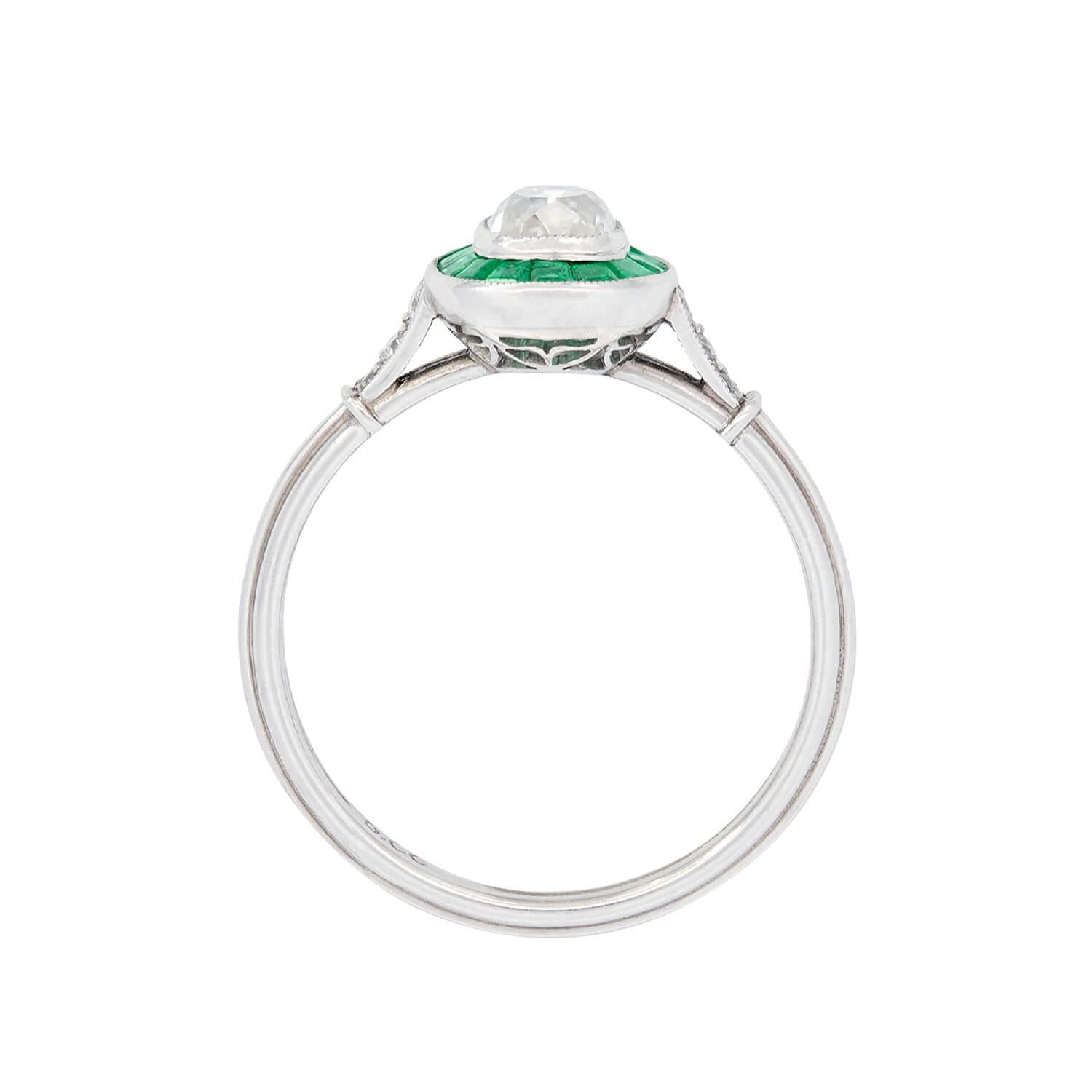 Estate Platinum Diamond and Emerald Engagement Ring