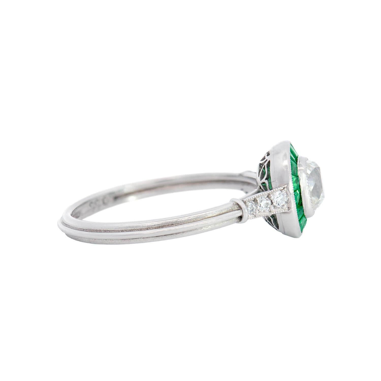 Estate Platinum Diamond and Emerald Engagement Ring