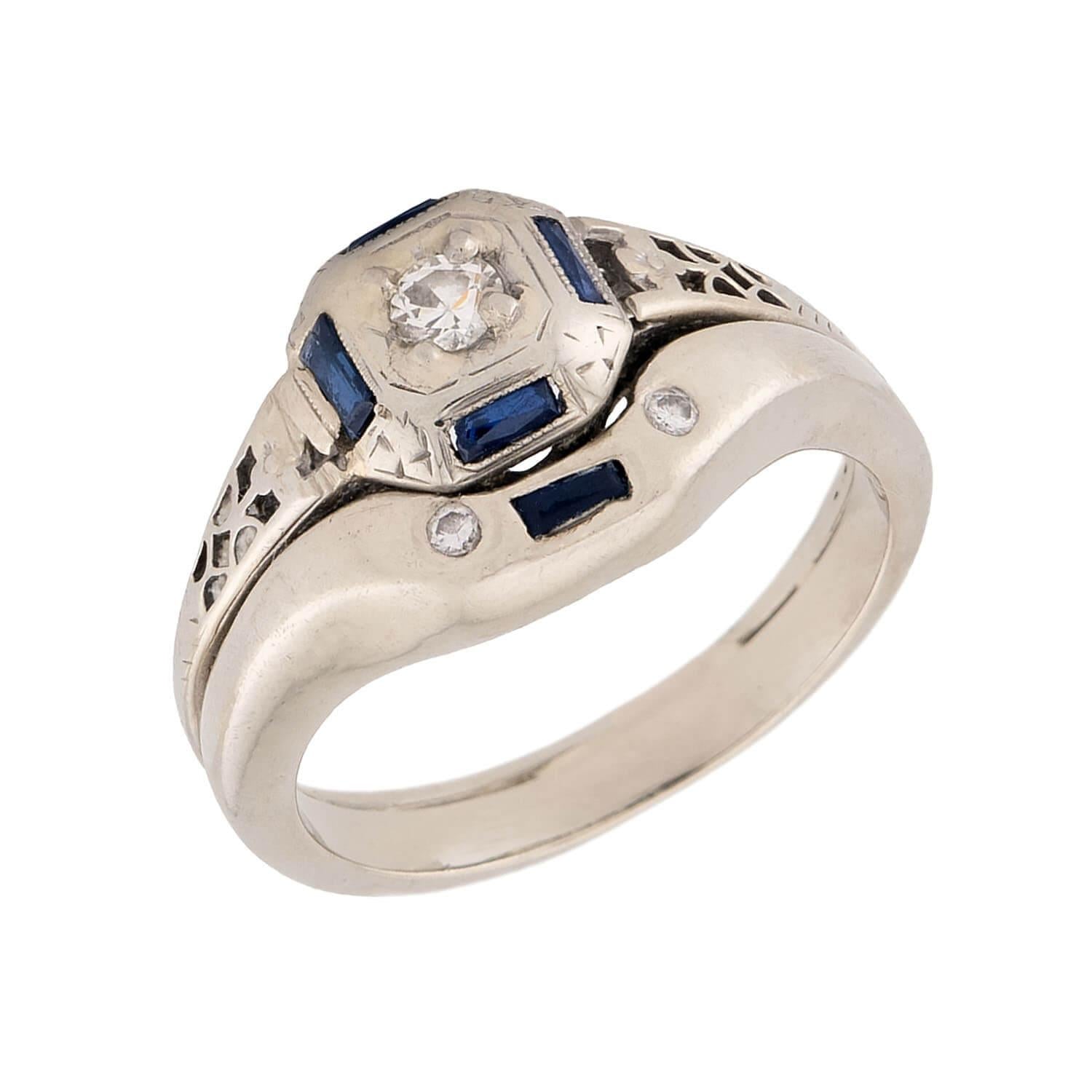 Art Deco 18k Diamond and Sapphire Engagement Ring Set