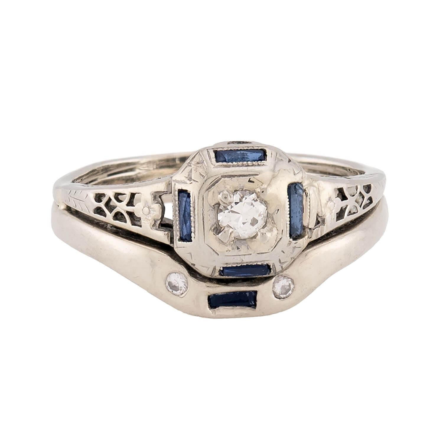Art Deco 18k Diamond and Sapphire Engagement Ring Set
